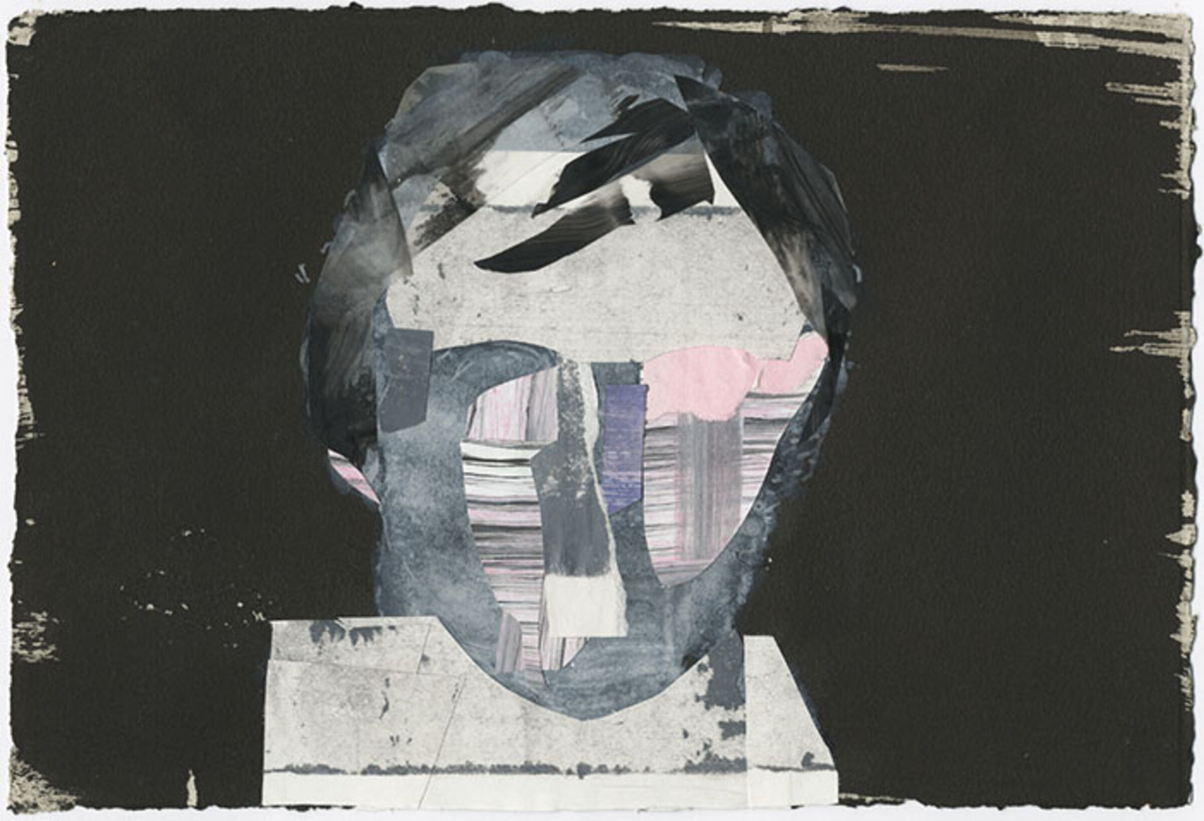Abstract portrait bust rendered in acrylic on paper, featuring a fragmented face composed of layered geometric shapes in shades of blue, gray, white, and pale pink against a dark background, with visible brushstrokes and a distressed, collaged aesthetic.