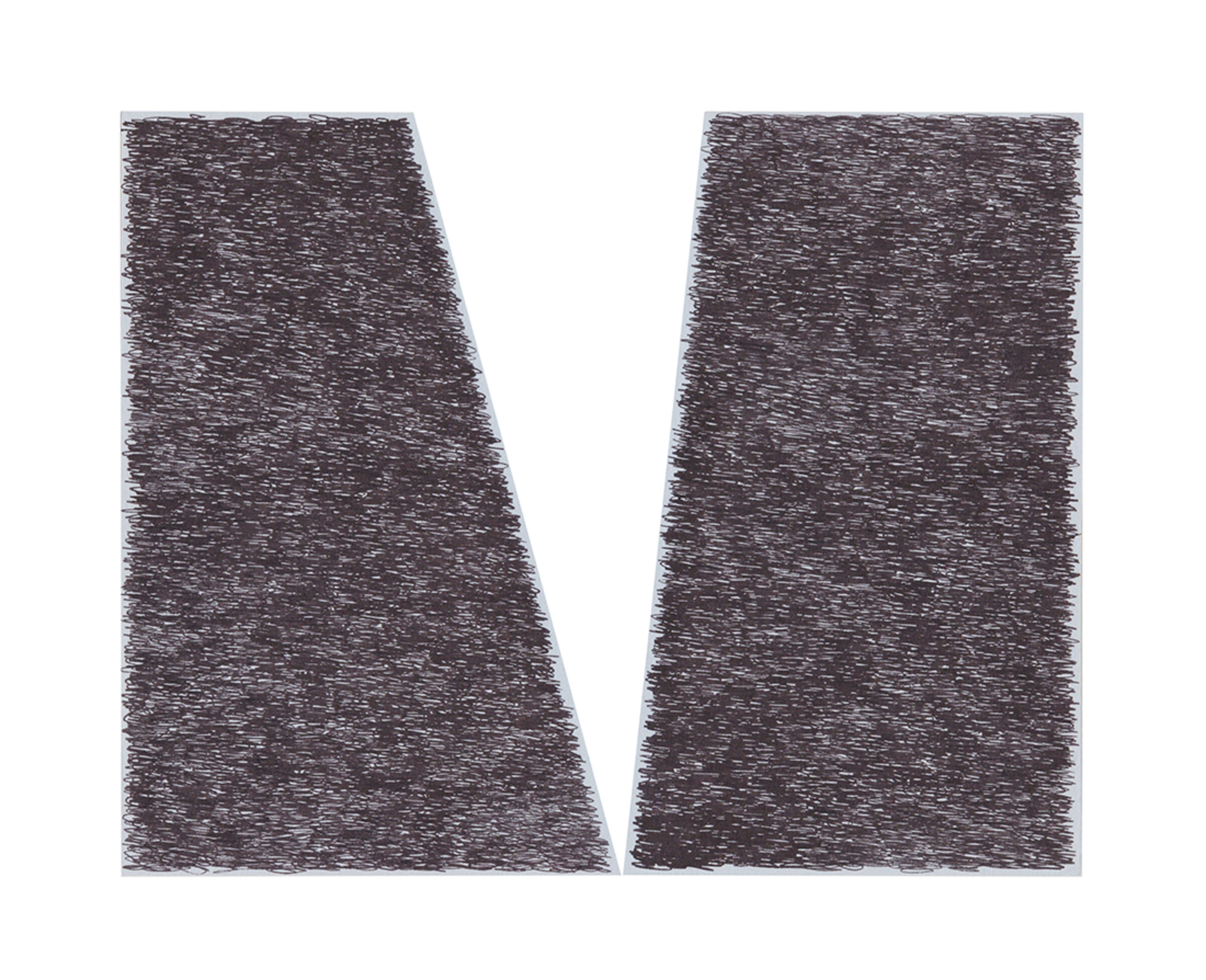 Two textured rectangular forms with tapered sides lean toward each other against a white background, their dark surfaces densely marked with linear hatching and gestural marks creating an organic, scribbled appearance.