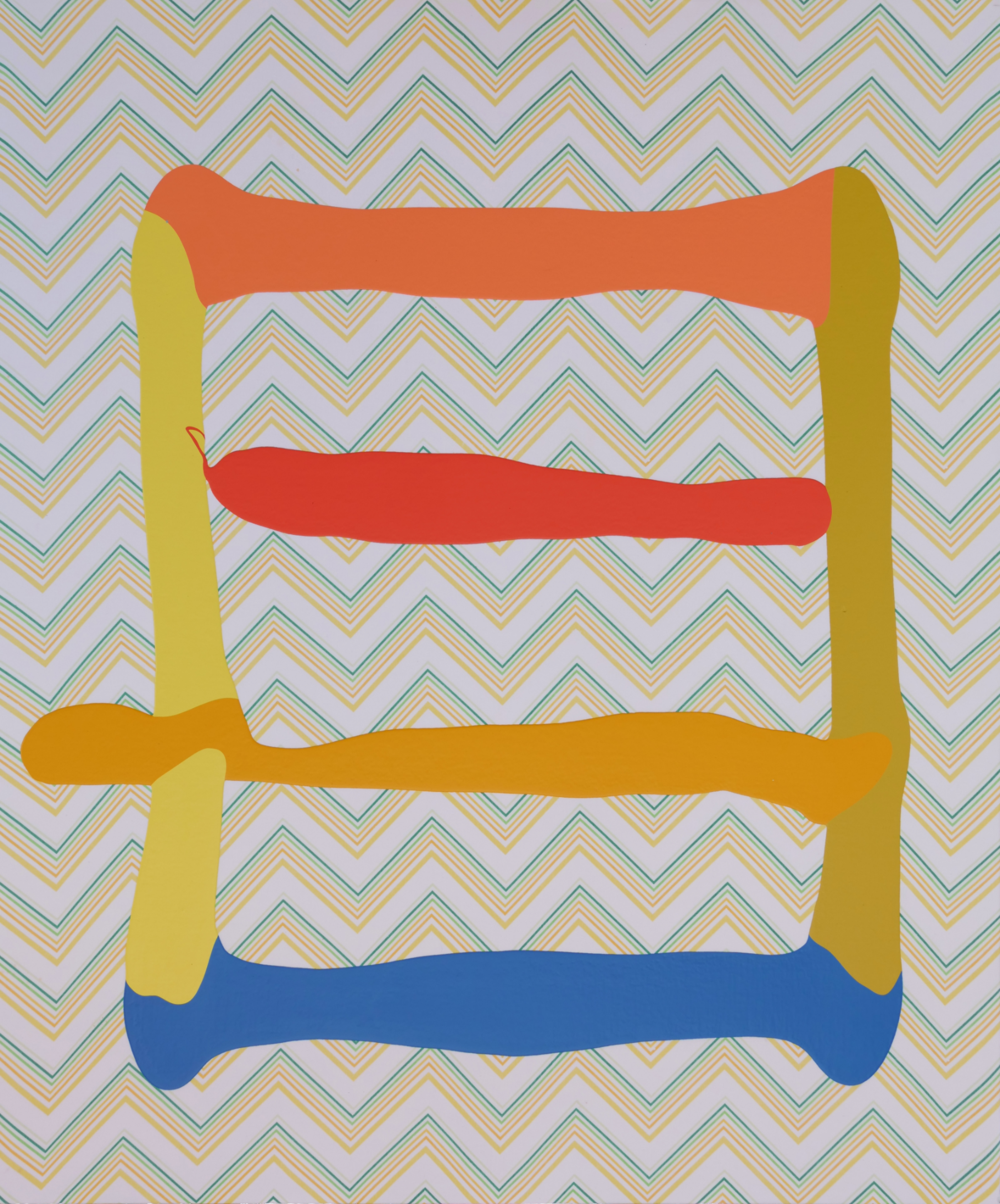 A stylized ladder rendered in bright colors—yellow vertical supports, with horizontal rungs in orange-red, red, and blue—set against a background of repeating chevron stripes in soft pastels of lavender, yellow, green, and tan.