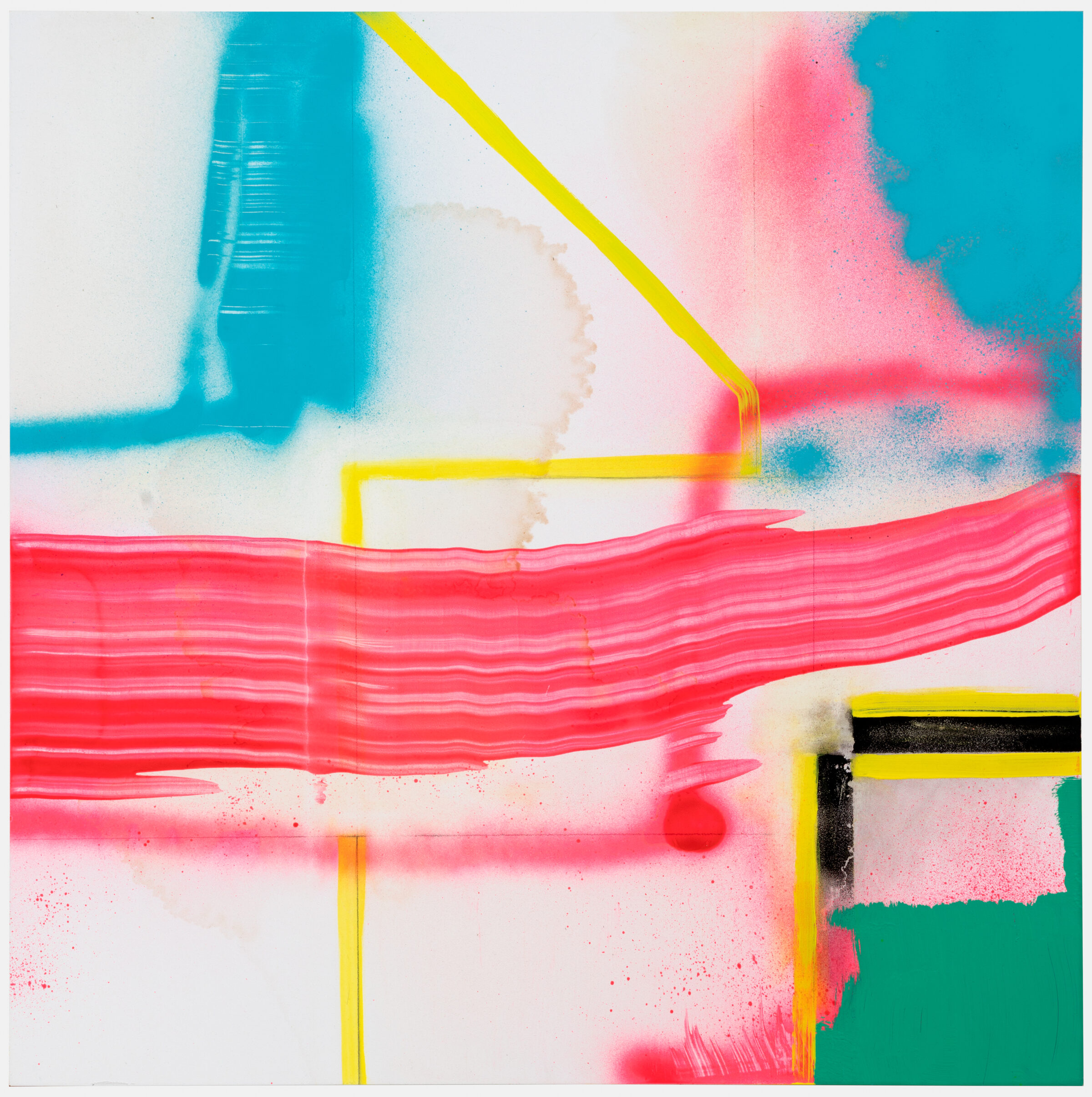 Abstract composition featuring bold geometric yellow lines forming rectangular shapes against a layered background of turquoise, pink, red, and green areas. Horizontal bands of vivid red paint sweep across the center with soft, diffused edges, while organic splashes and spray effects in pink and red create contrast with the structured yellow framework. The work combines gestural brushwork with precise linear elements on a light cream ground.