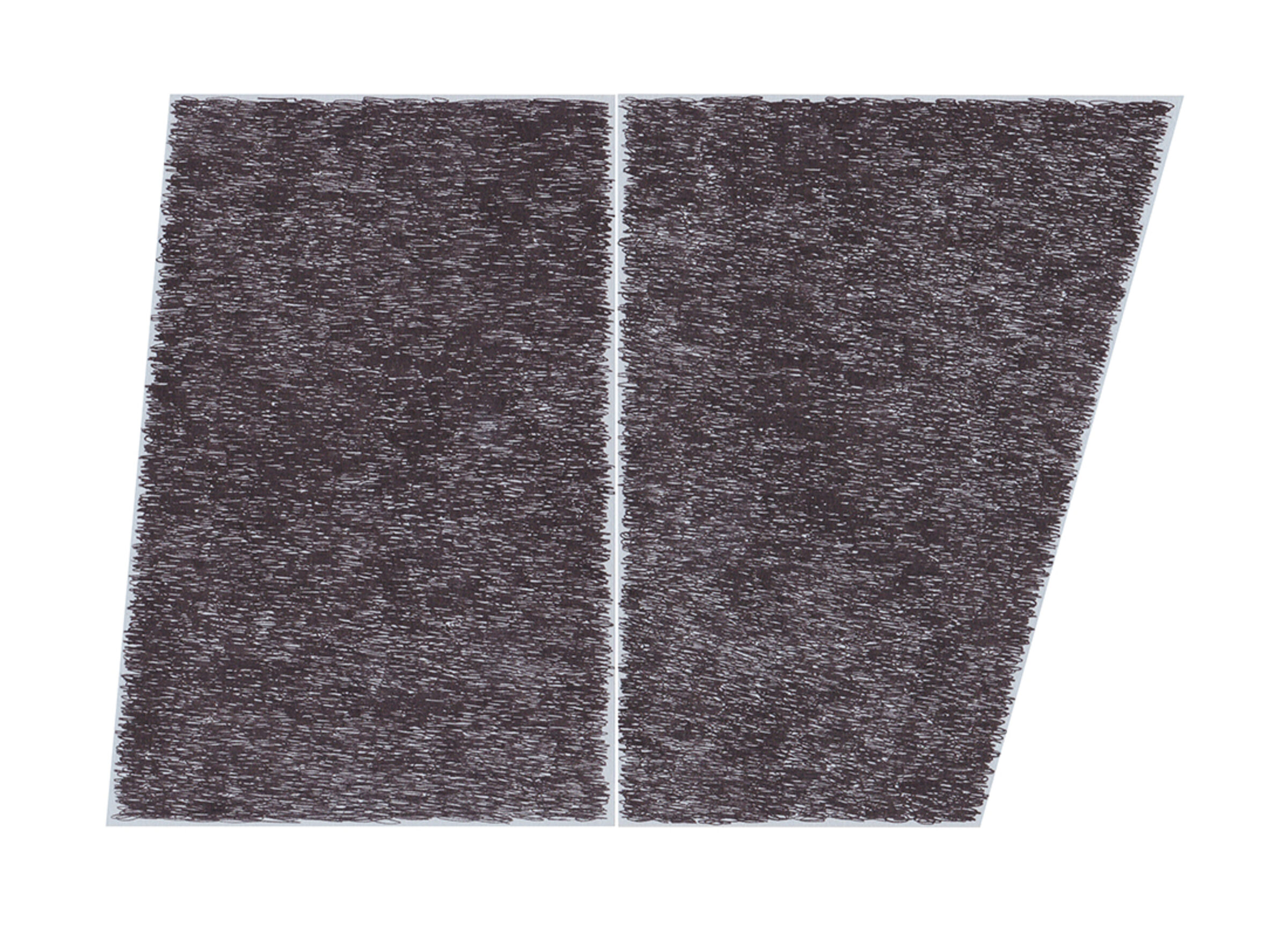 Two adjacent parallelogram-shaped panels filled with dense, horizontal ink marks creating a textured, scratched surface in shades of gray and black against a white background.