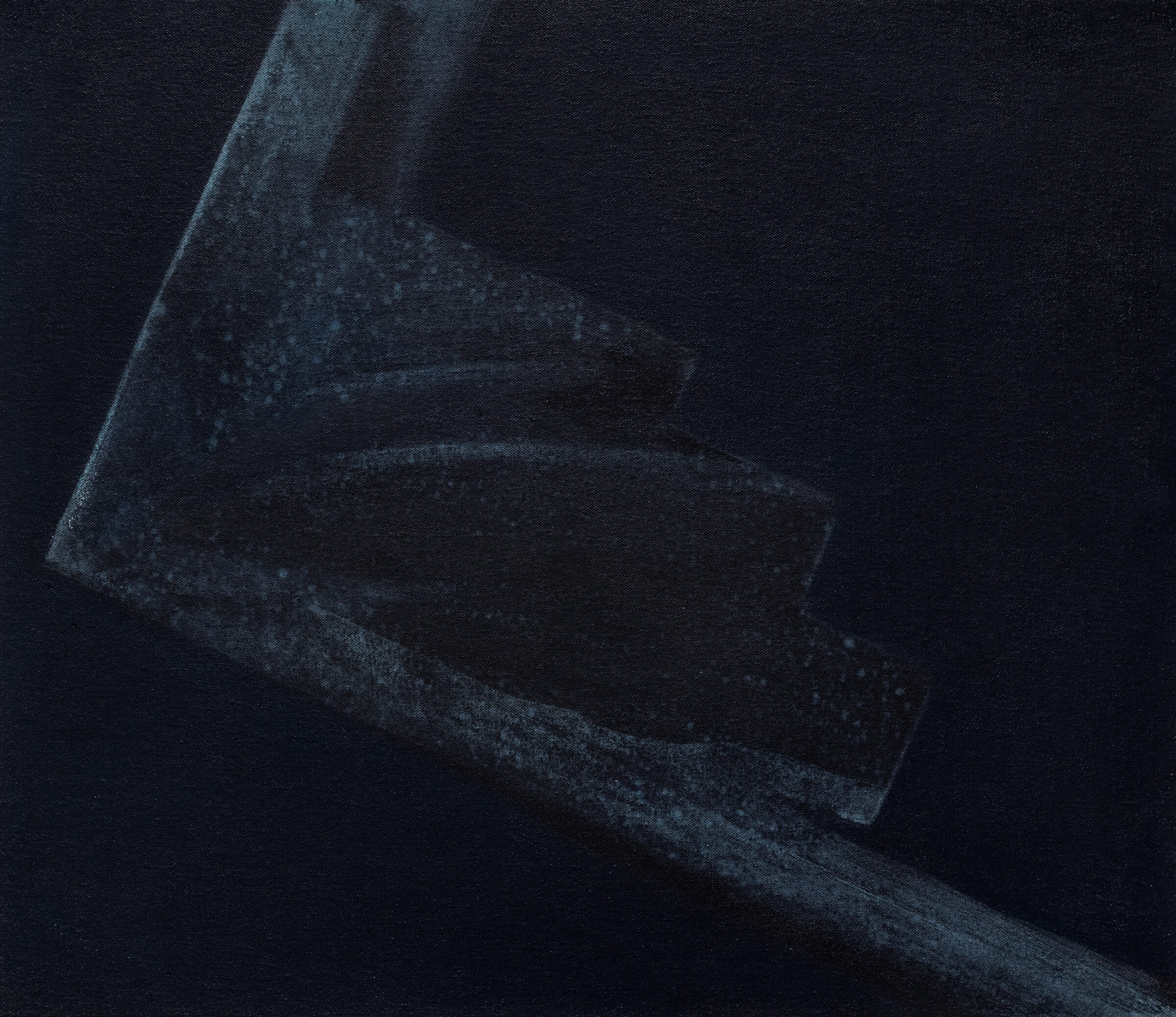 Abstract composition in deep navy and charcoal tones depicting geometric forms that suggest architectural or sculptural elements, with layered planes and subtle textural variations creating depth against a dark background.