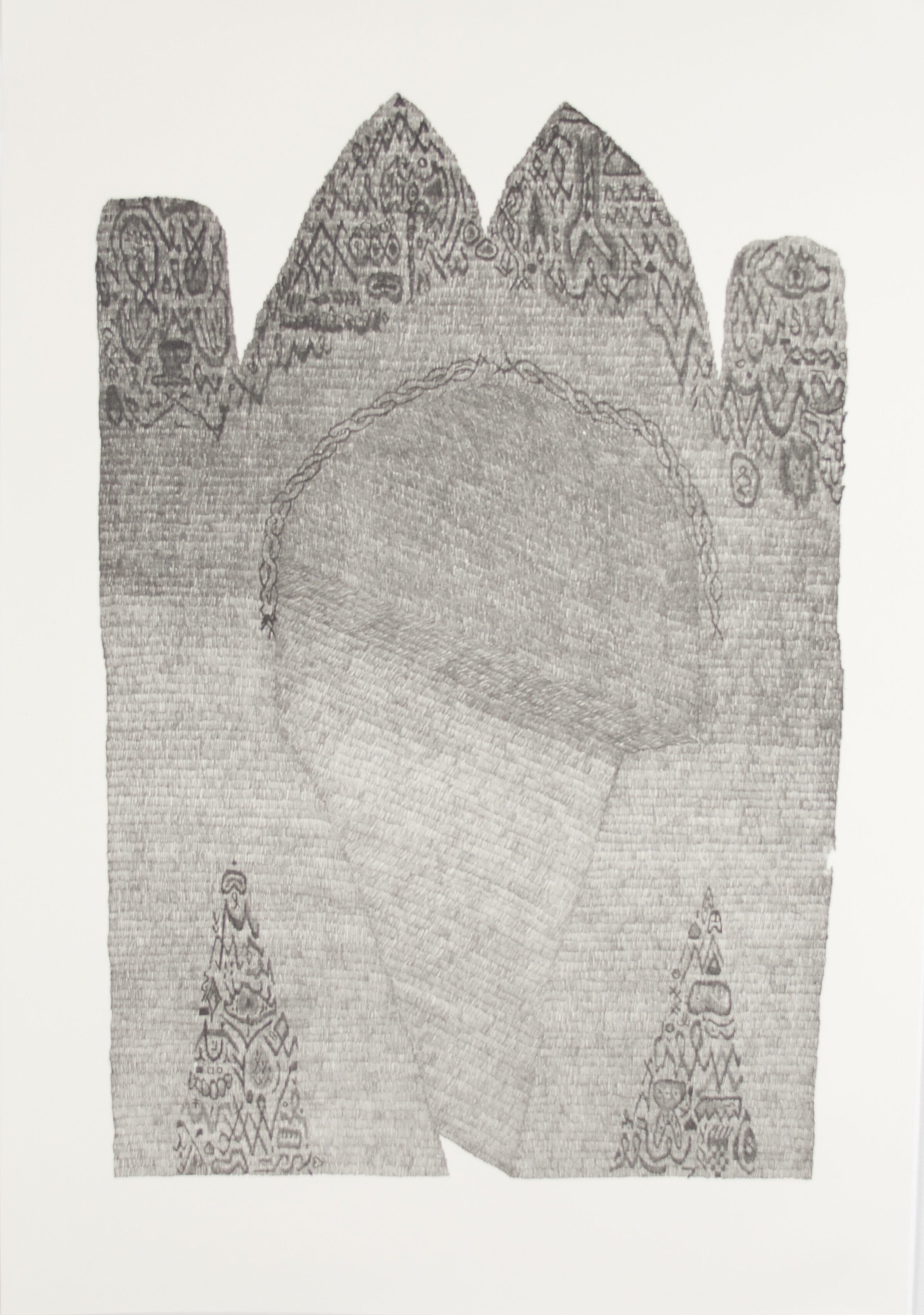 A monochromatic print depicting four vertical architectural forms with decorated peaked tops arranged like stylized towers or buildings. The composition features intricate patterned details along the upper edges and lower sections, with a large blank central area creating negative space between the structures.