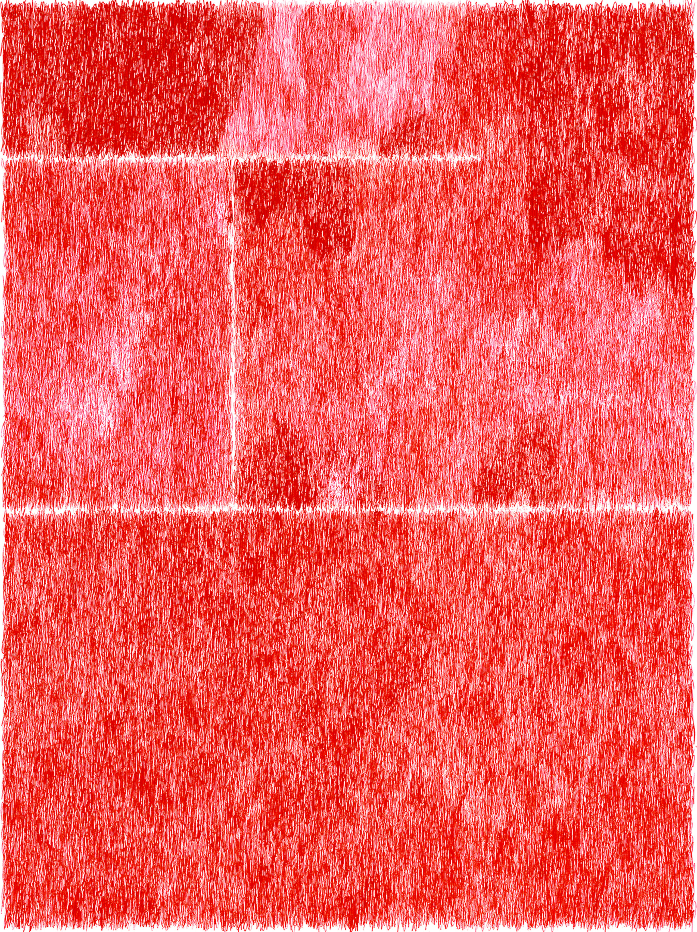 Abstract composition of red and pink vertical lines and marks densely layered across the canvas, creating a textured, vibrant surface with subtle variations in tone and intensity. White horizontal bands divide the composition into distinct sections, emphasizing the linear, gestural quality of the work.