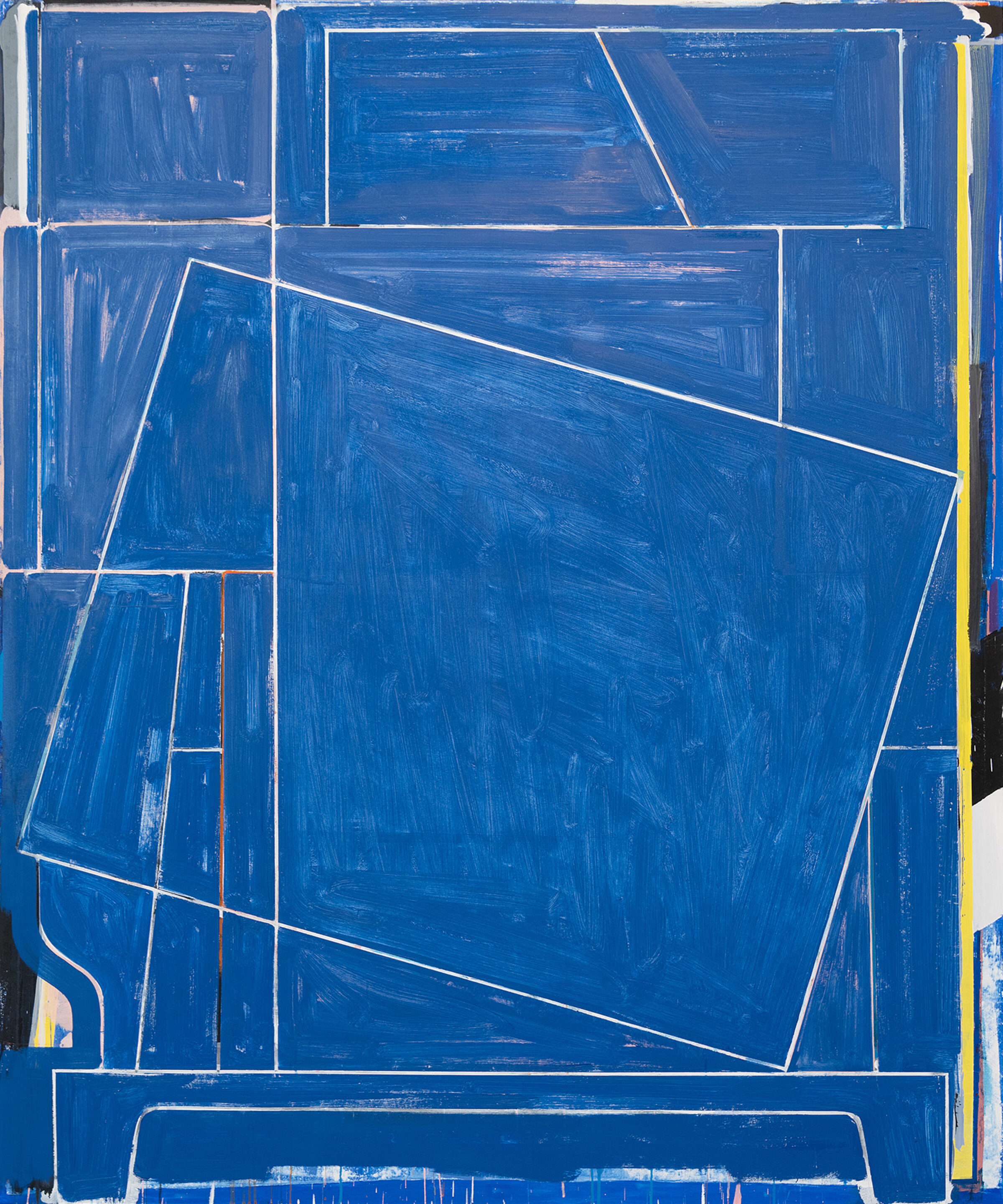 A predominantly blue abstract composition featuring overlapping rectangular and trapezoidal forms outlined in white and accented with rust and yellow lines. The layered geometric shapes create a sense of depth and movement across the canvas, with visible brushstrokes throughout the predominantly monochromatic blue palette.