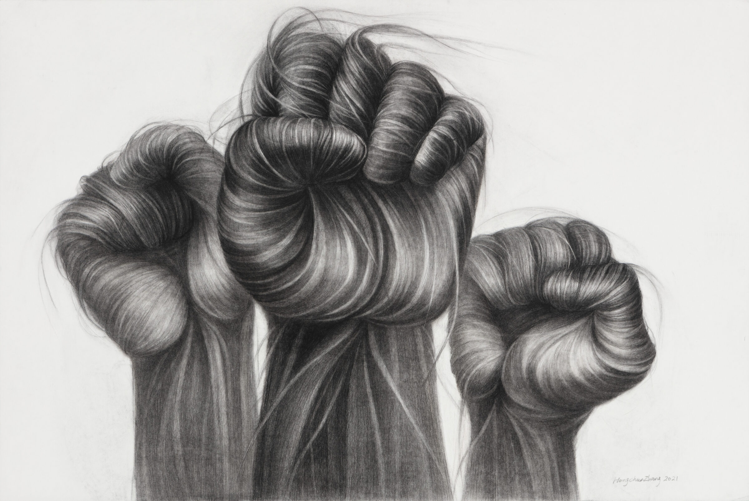 Two fists raised in a unified gesture, rendered in detailed charcoal with flowing, textured shading that creates a sense of movement and strength. The drawing emphasizes the musculature and form of the hands against a light background, with fine linear marks suggesting hair or texture flowing downward.