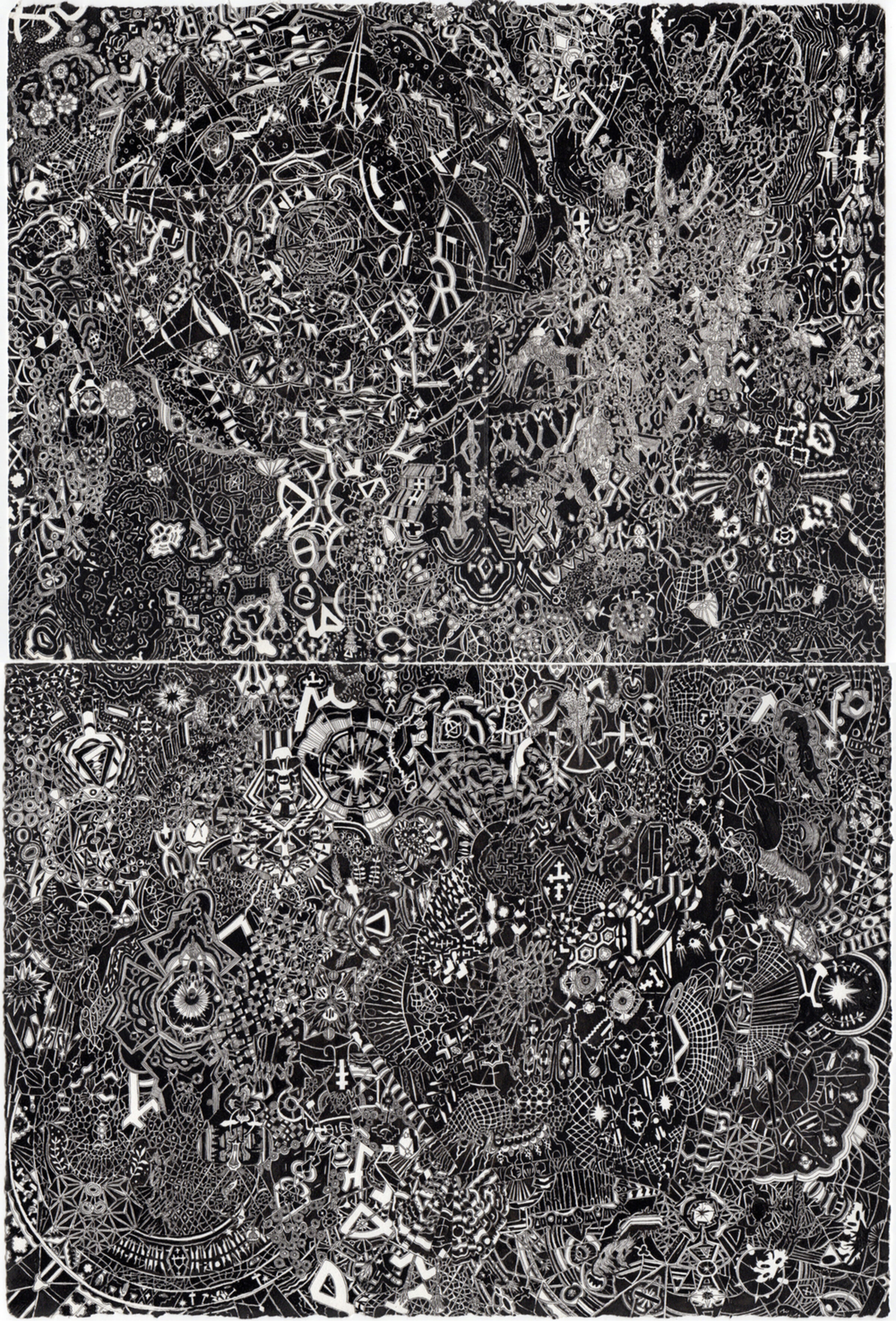 A densely layered black and white composition of intricate geometric patterns, symbols, and abstract figures covering two stacked rectangular panels. The work features overlapping lines, mechanical forms, ornamental designs, and gestural marks that create a complex, labyrinthine visual field with varying degrees of detail and density throughout.