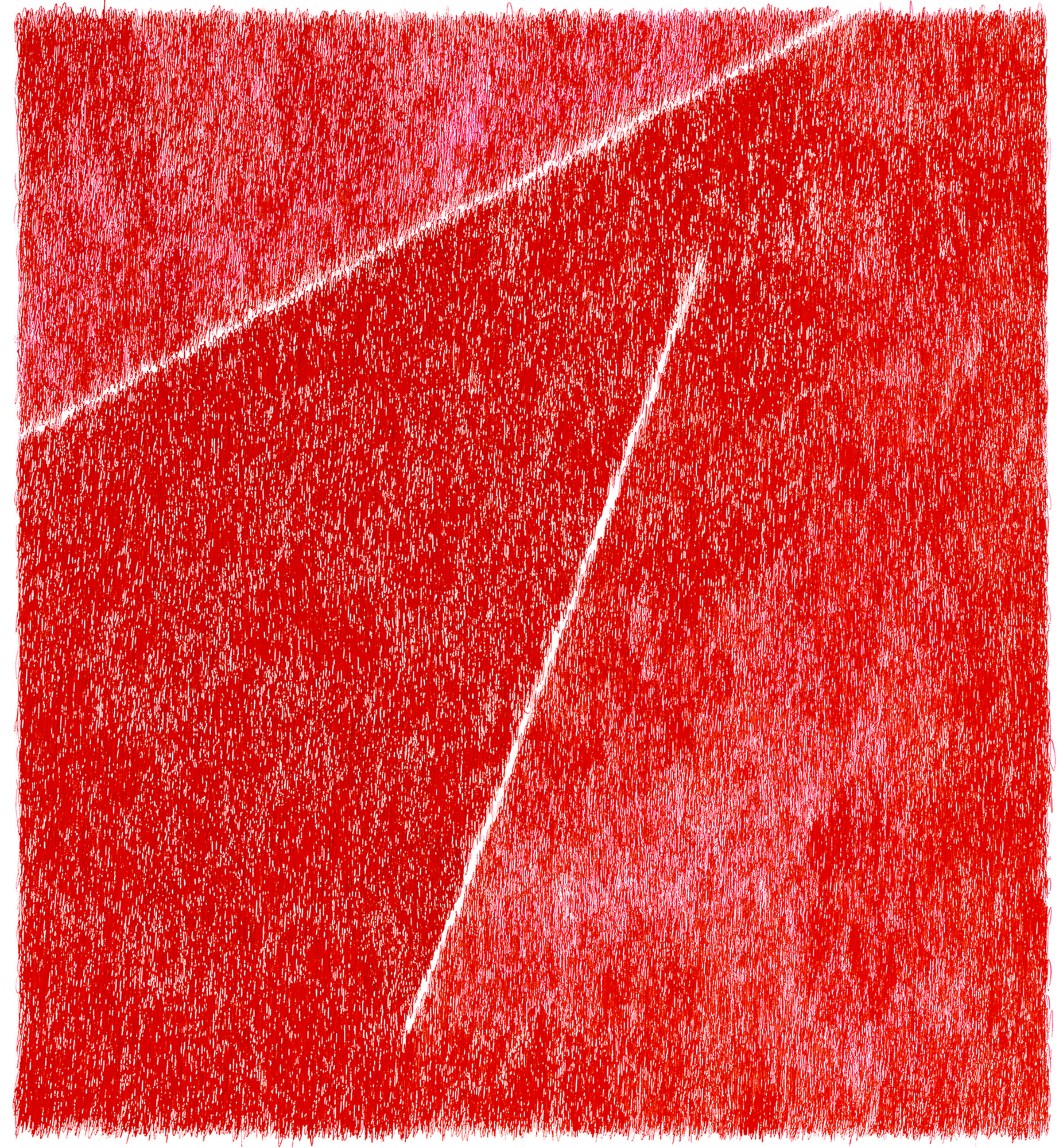 Abstract composition of red and pink tones executed in a gestural, linear technique, with white diagonal lines dividing the canvas into sections of varying density and intensity. The work emphasizes movement and texture through overlapping marks and shifts in color saturation across the rectangular format.