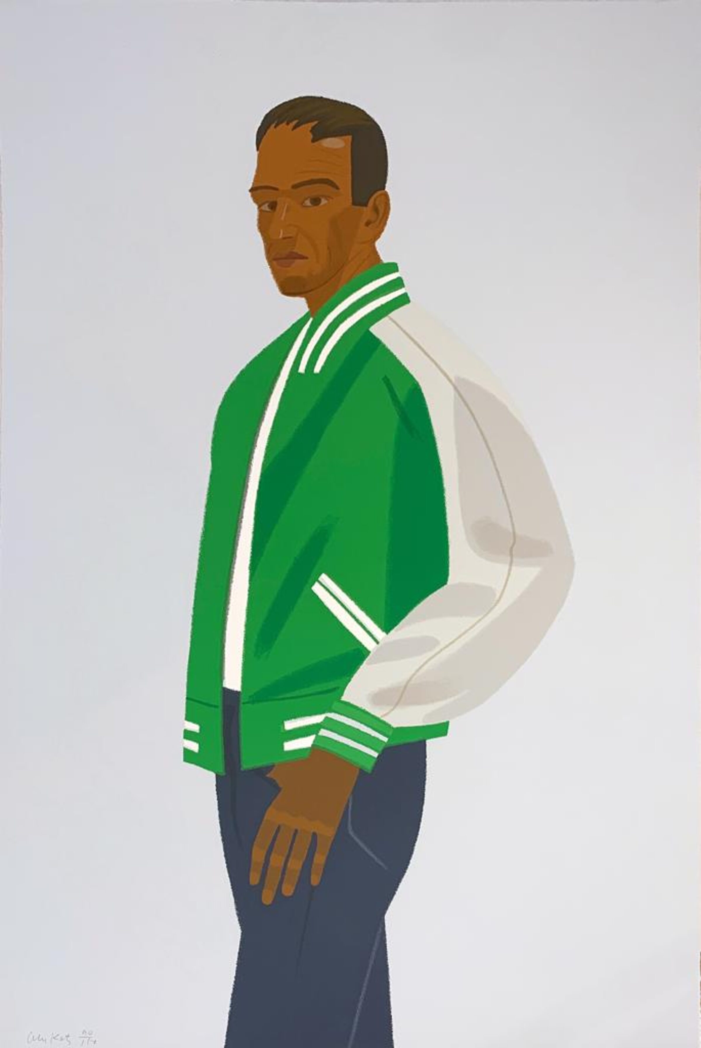 A man depicted in profile wearing a green and white track jacket with navy pants and brown gloves, set against a light gray background. The figure is rendered in bold, flat areas of color with minimal shading, characteristic of contemporary portrait art.
