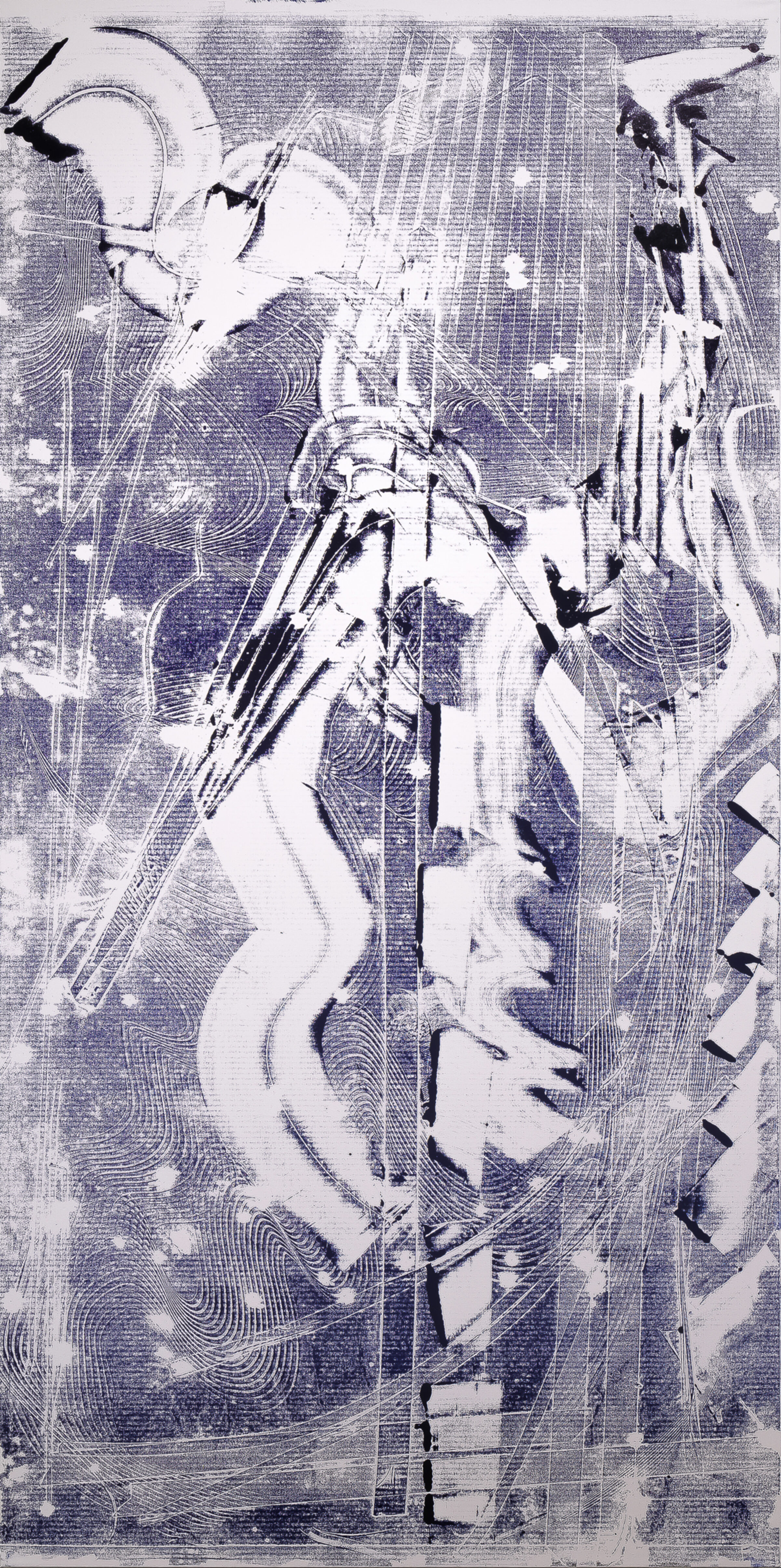 Abstract vertical composition in blue and white featuring overlapping organic forms and geometric elements. Layered gestural marks and flowing curves create depth across the canvas, with contrasting areas of dense linework and open space.