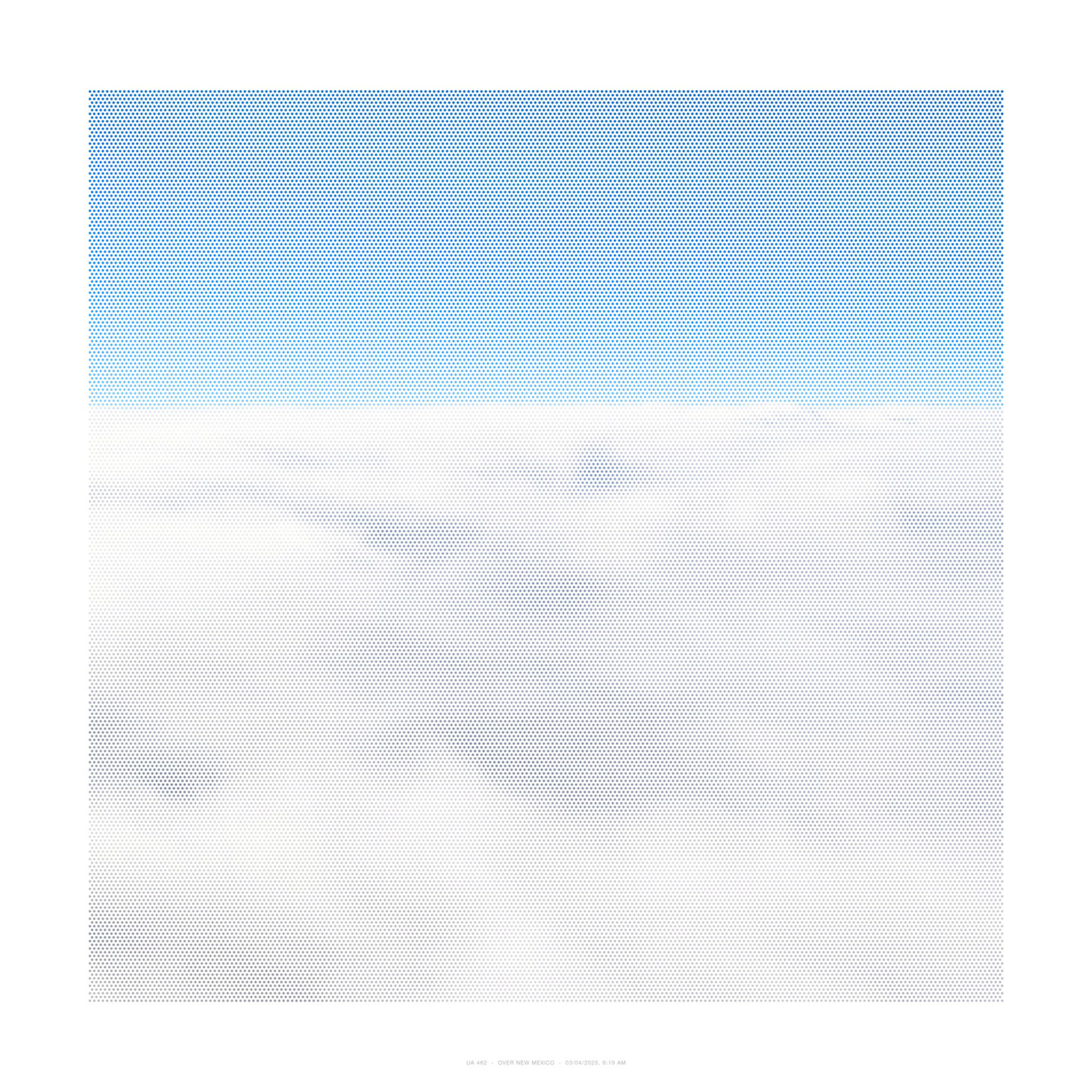 A minimalist composition divided horizontally into two sections: a densely dotted blue upper half gradually transitioning to a lighter, nearly white lower half. The dotted texture creates a subtle gradient effect across the entire surface, suggesting atmospheric or aerial perspective.