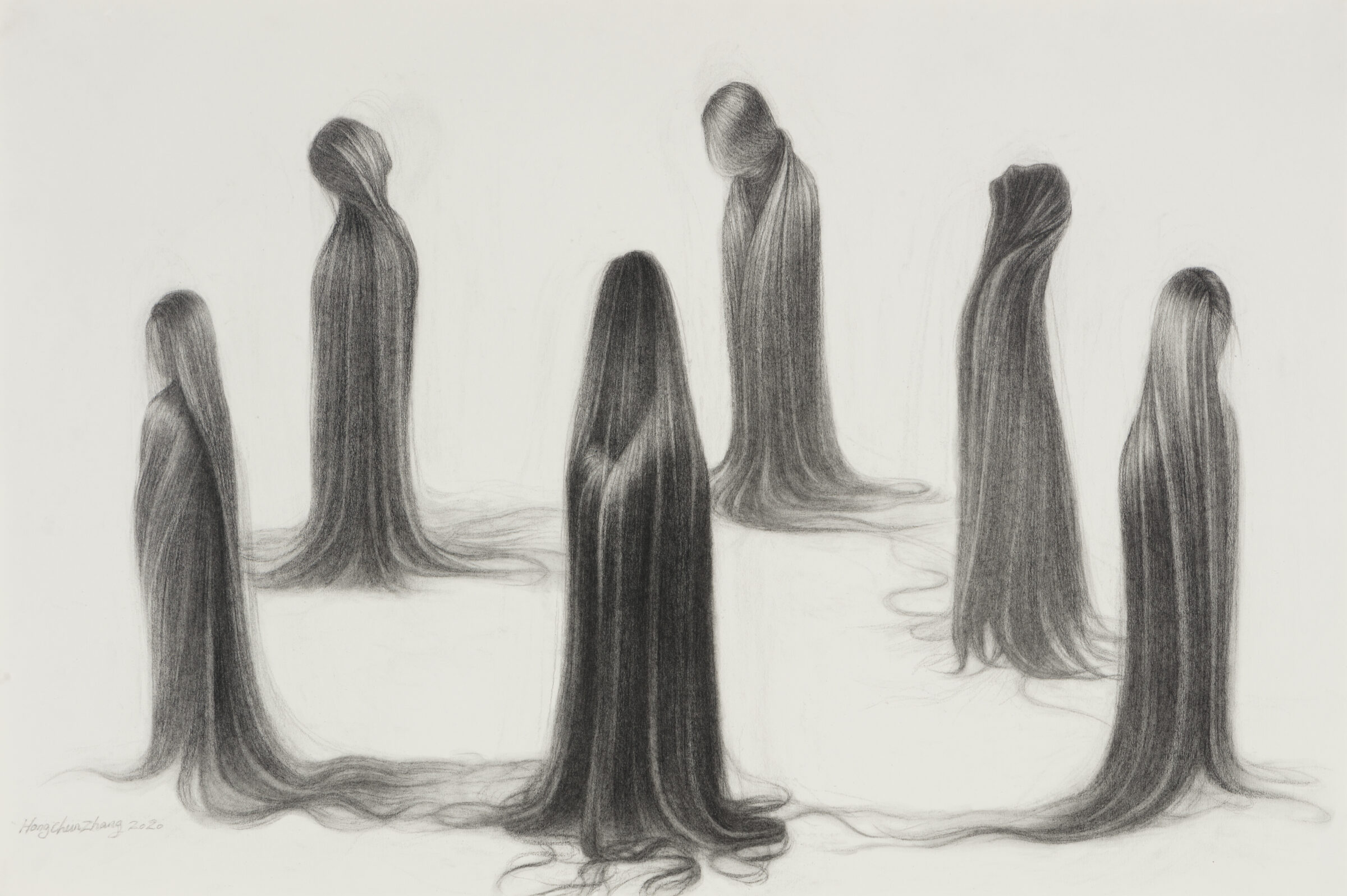 Six faceless figures with extremely long, flowing dark hair stand in a circle on a neutral ground. Rendered in charcoal with meticulous detail, their hair cascades to the floor and intertwines, creating an intricate web of connection between the figures despite their lack of visible identities.