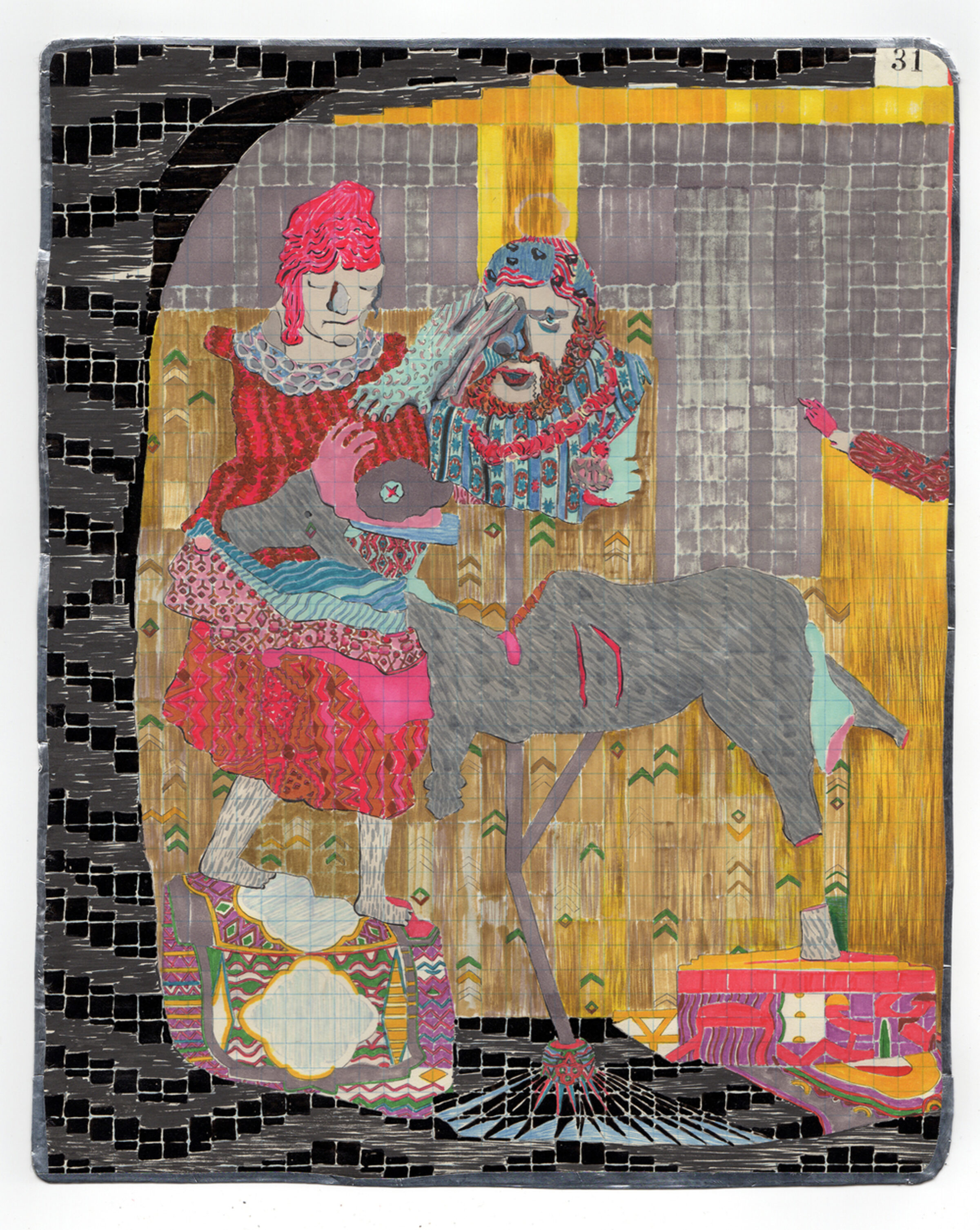 Vibrant mixed-media drawing featuring two elaborately dressed figures with bright pink and red hair adorned with ornate collars, set against a wooden interior with yellow architectural elements. The composition combines colorful patterns, graphite shading, and geometric designs, with a gray dog and red objects in the lower portion, all framed by a bold black brick border.