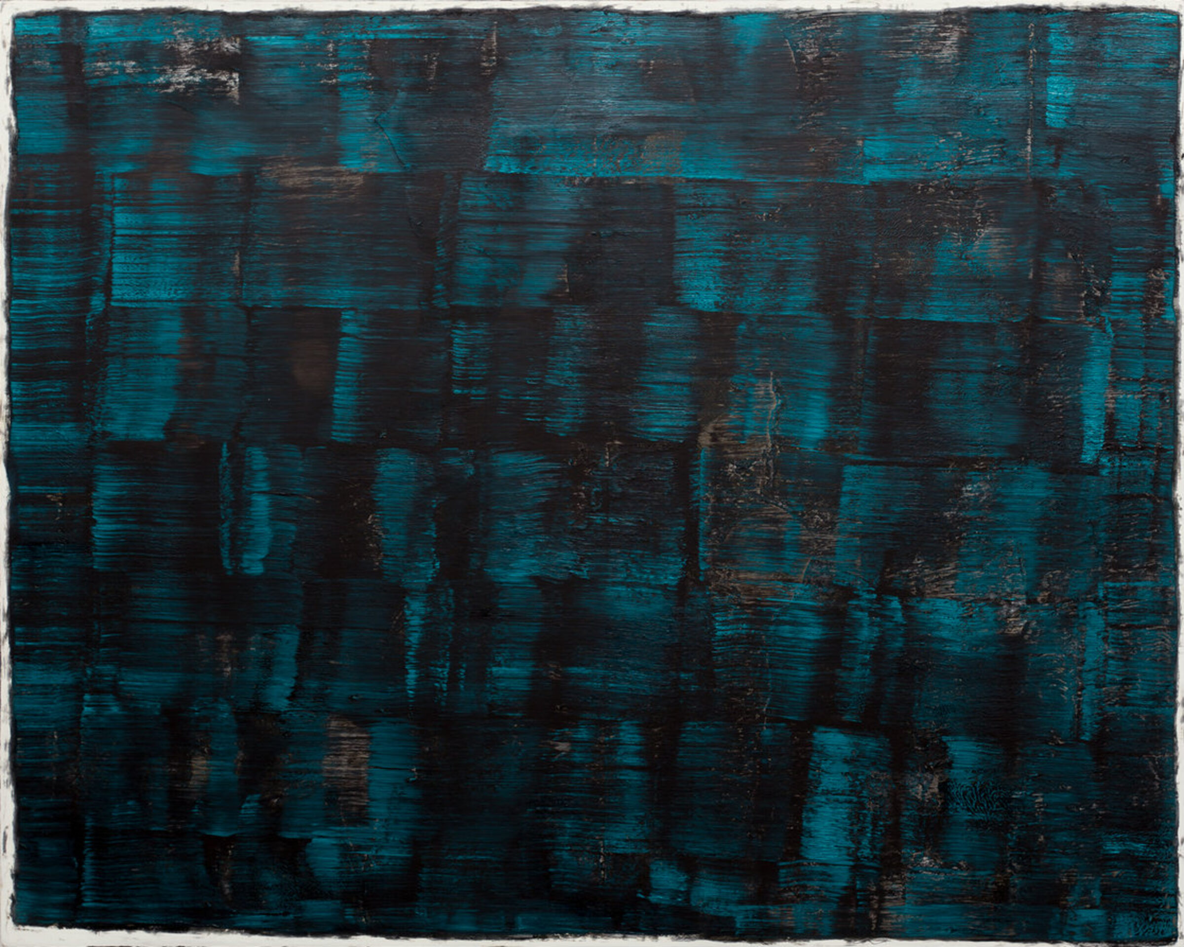 Abstract composition featuring a grid of rectangular blocks in deep teal and black tones with visible brushstrokes and textural layering, creating a sense of depth and movement across the surface.