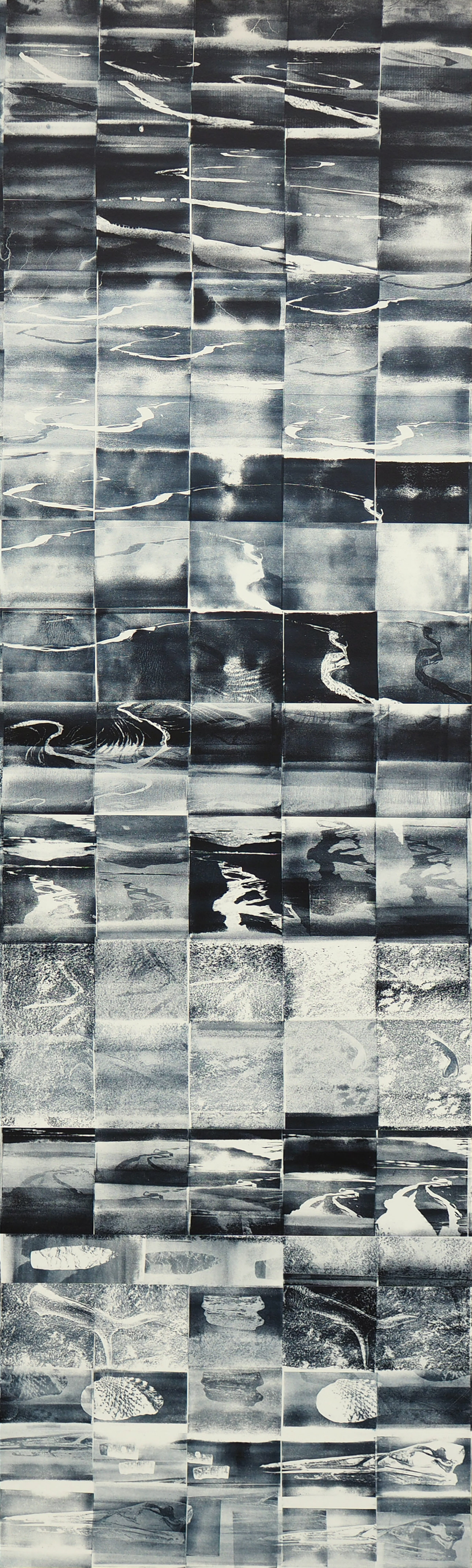 A gridded composition of approximately 200 small rectangular panels in black, white, and gray tones, arranged in vertical columns. Each panel contains abstracted landscape-like imagery with flowing lines, curved forms, and tonal variations suggesting water, terrain, or atmospheric phenomena. The overall effect creates a rhythmic, repeating pattern across the vertically oriented work.