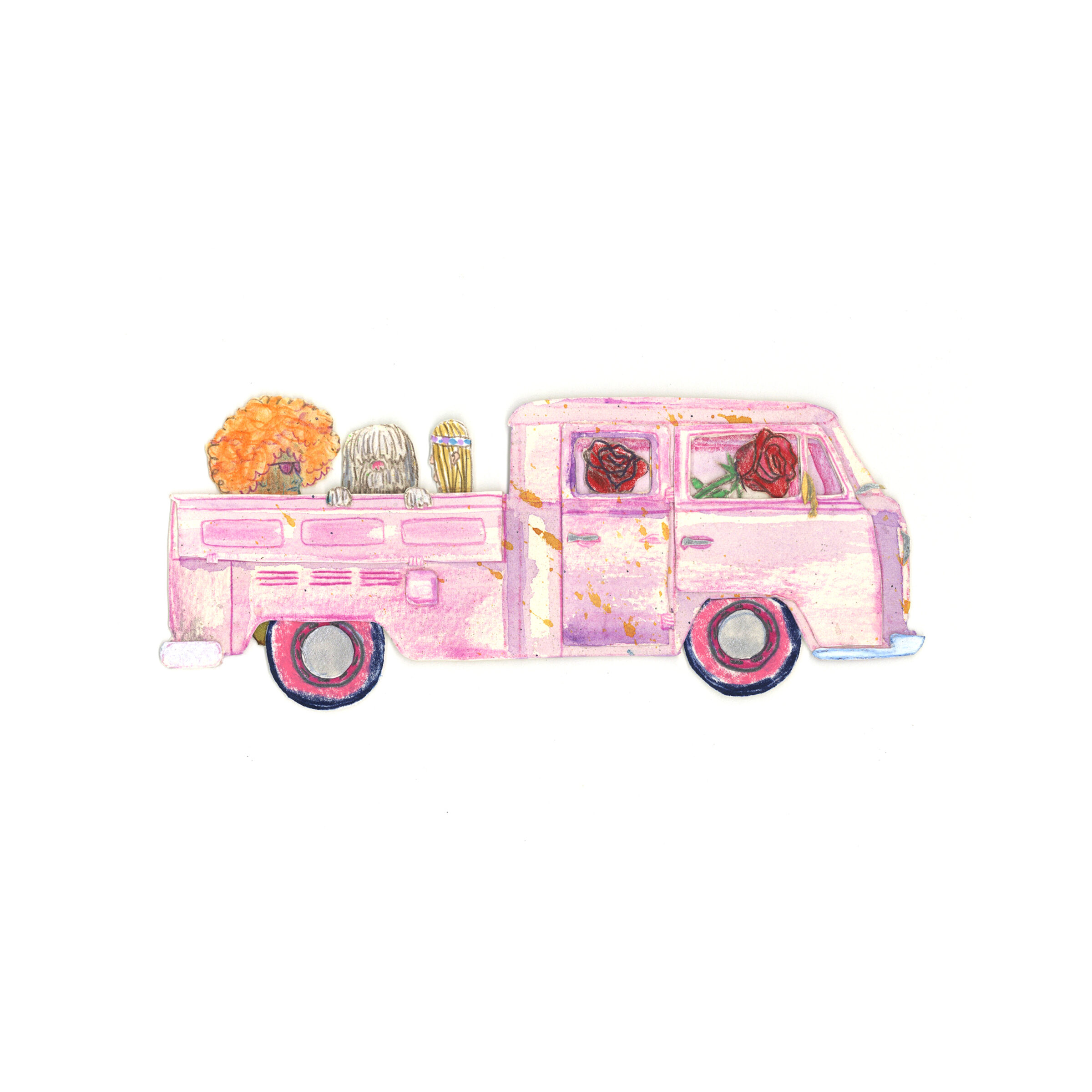 A whimsical pink vintage camper van illustrated in colored pencil and watercolor, decorated with red roses on its side and an orange marigold flower with two cacti sitting on its roof. The composition is rendered in soft pastels against a white background.