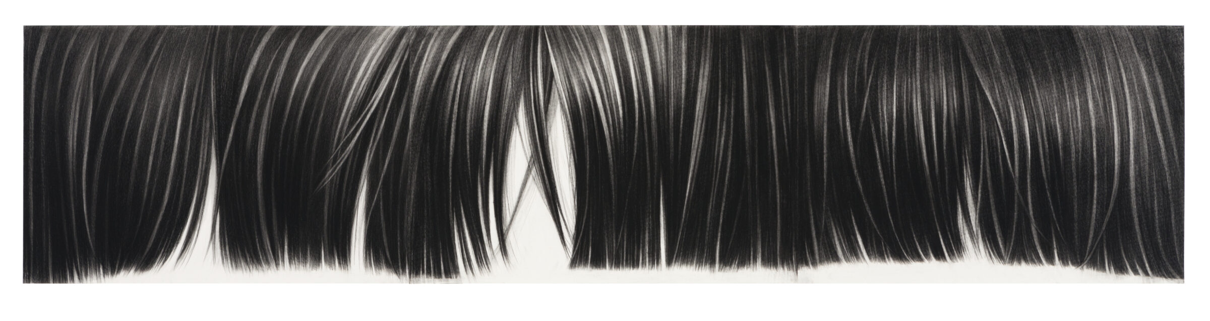 A horizontal charcoal drawing depicting a thick fringe of dark hair rendered in fine, parallel lines against a white background, with subtle variations in tone and delicate highlights creating dimension and movement across the composition.