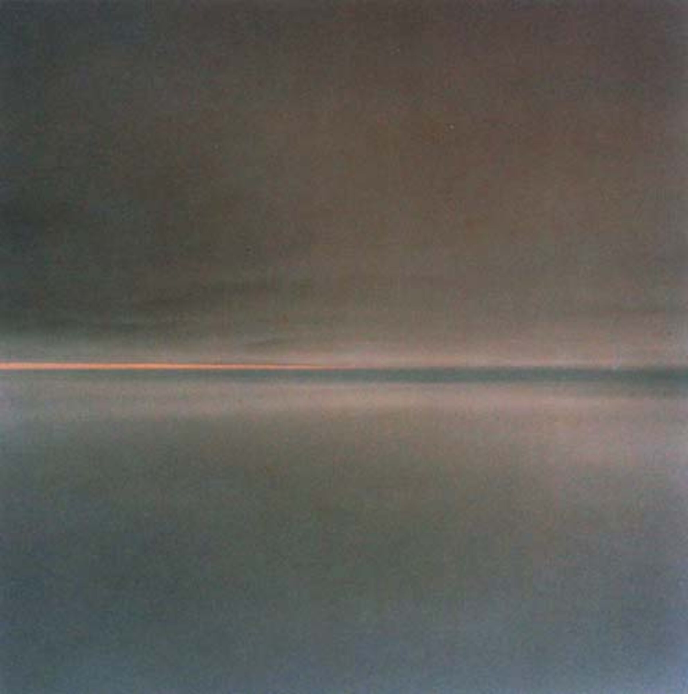 A minimalist landscape divided horizontally into two sections: a dark gray-brown upper half representing sky and a lighter blue-gray lower half representing water or land, separated by a thin band of warm peachy-orange light across the middle.