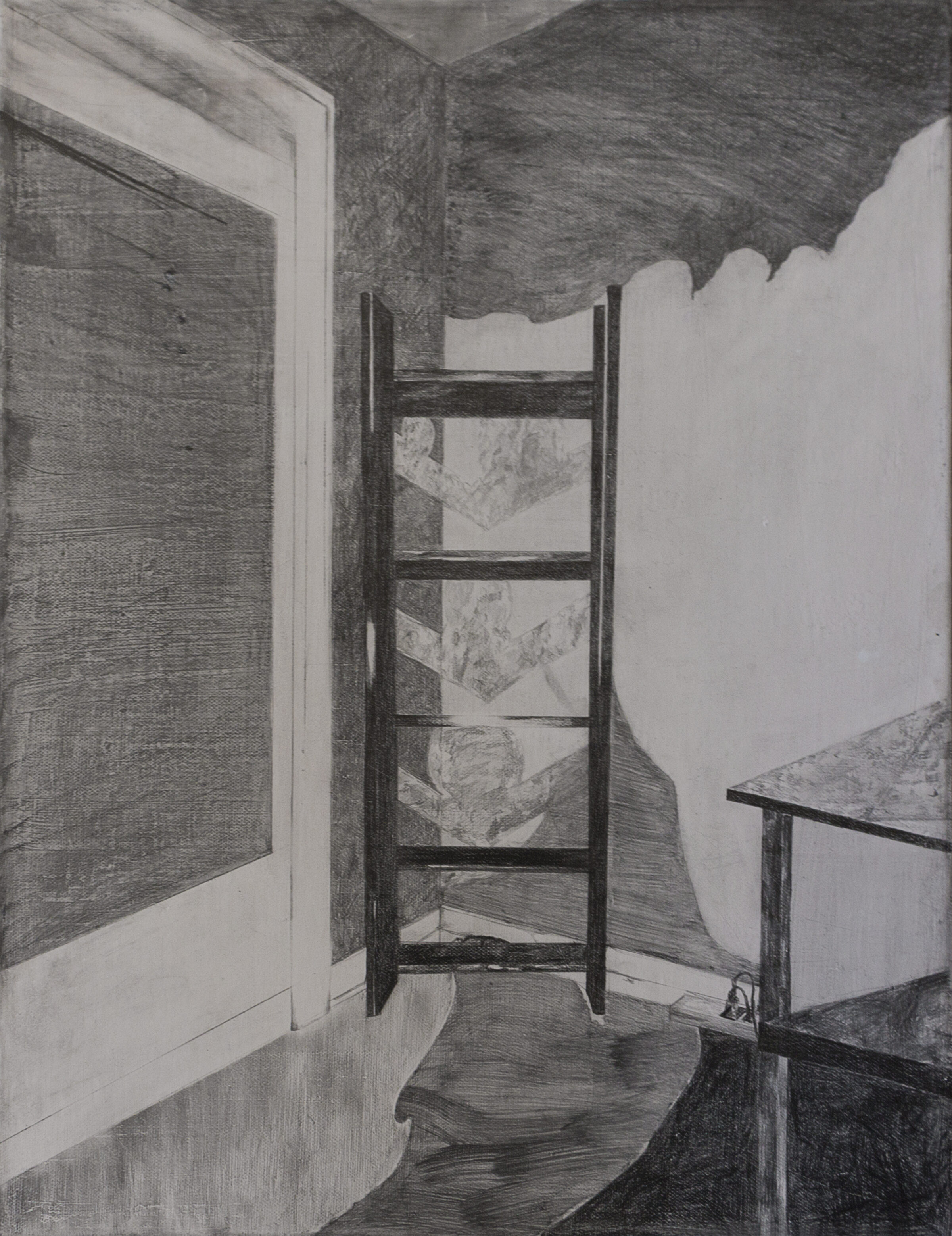A monochromatic graphite drawing depicts an interior corner room with wooden ladder-back chair in the center, flanked by white draped forms or fabric. Dark textured walls meet at sharp angles, creating a confined, introspective space rendered in precise tonal gradations.