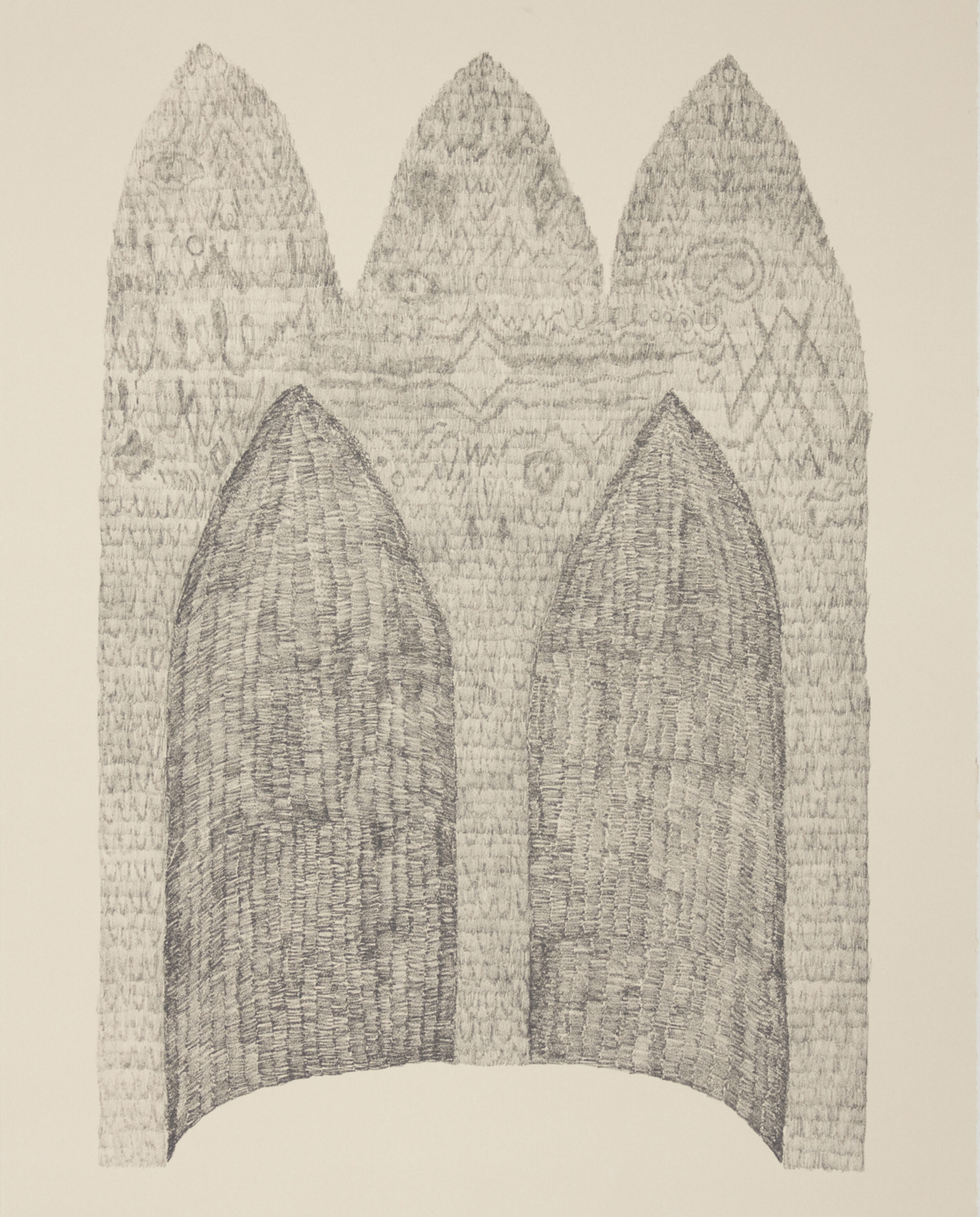 Two tall, pointed archways rendered in crosshatched graphite tones dominate the center of the composition, their curved forms creating a symmetrical gateway. Behind them, three conical evergreen trees are densely textured with fine linear marks, creating a forest backdrop against the pale cream ground.