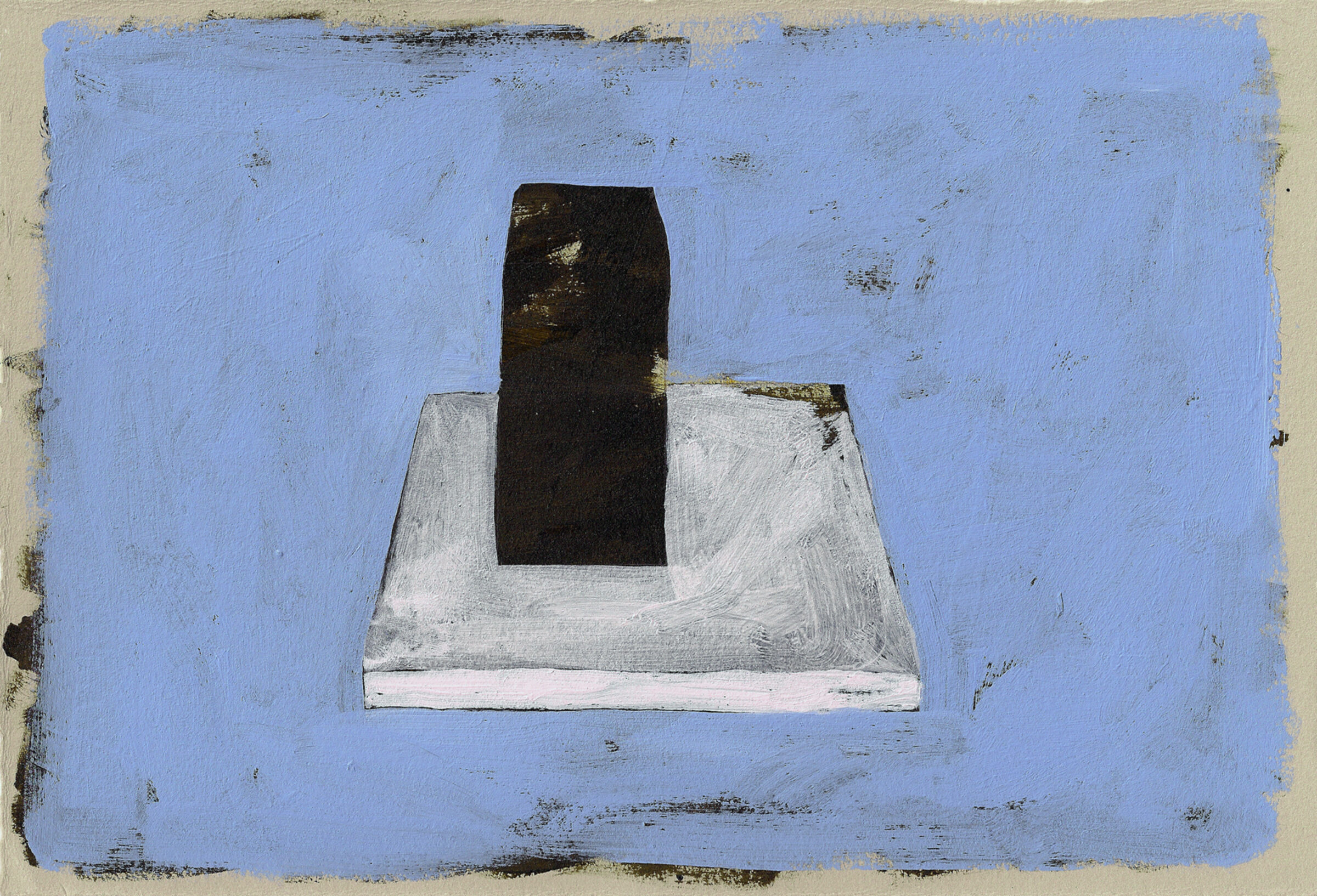 A black rectangular form rises from a white pedestal against a periwinkle blue background. The painting employs matte and reflective surfaces, with visible brushwork and subtle metallic accents that create depth across the composition.