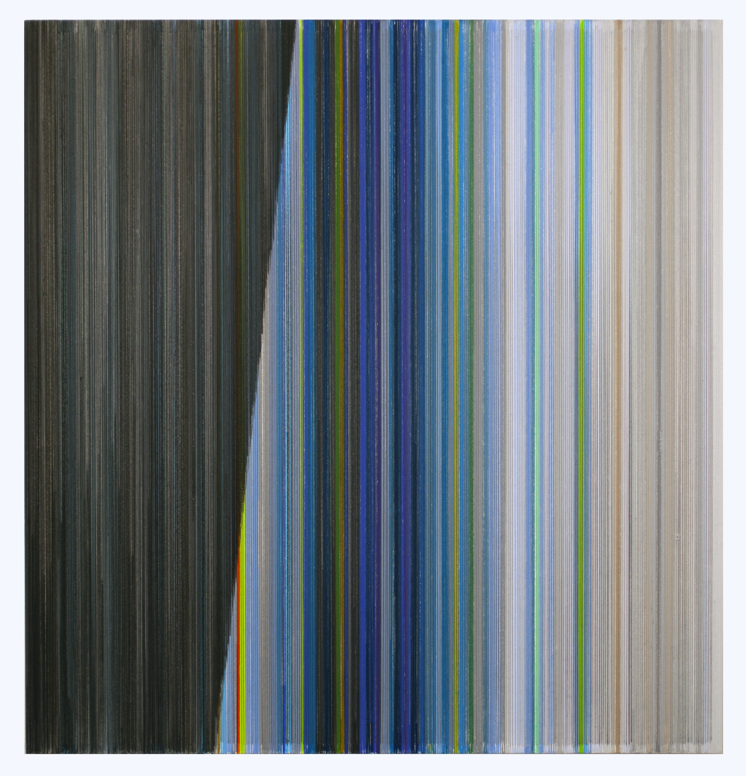Vertical stripes in varying widths transition from dark charcoal and muted tones on the left to vibrant blues, greens, and yellows in the center, then fade to pale neutrals on the right, creating a gradient effect across the composition.
