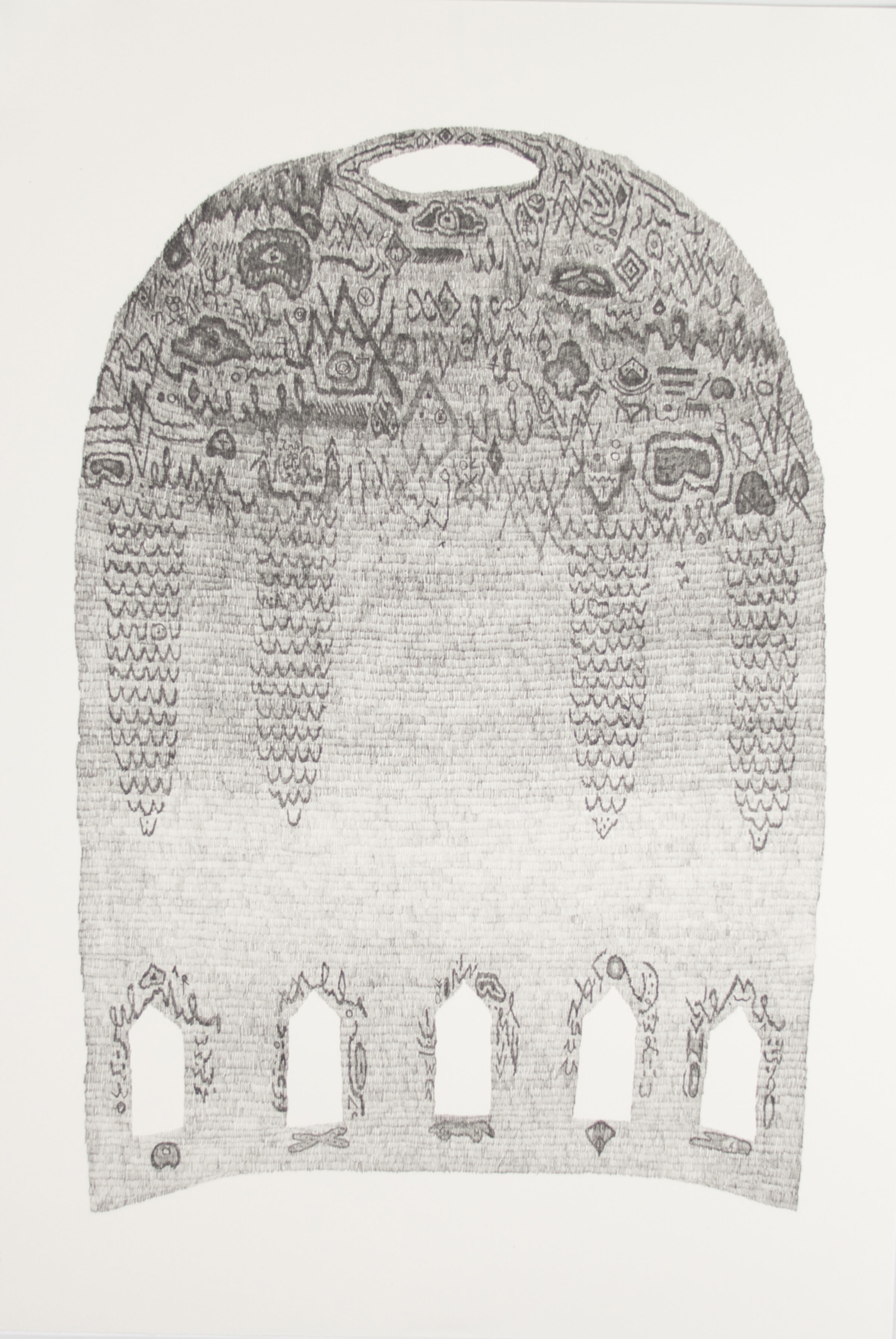A light gray textile-like composition featuring intricate geometric and figurative patterns concentrated along the top and sides, with five vertical openings cut through the lower portion. Dense linear markings and abstracted forms create a lace-like quality throughout the piece.