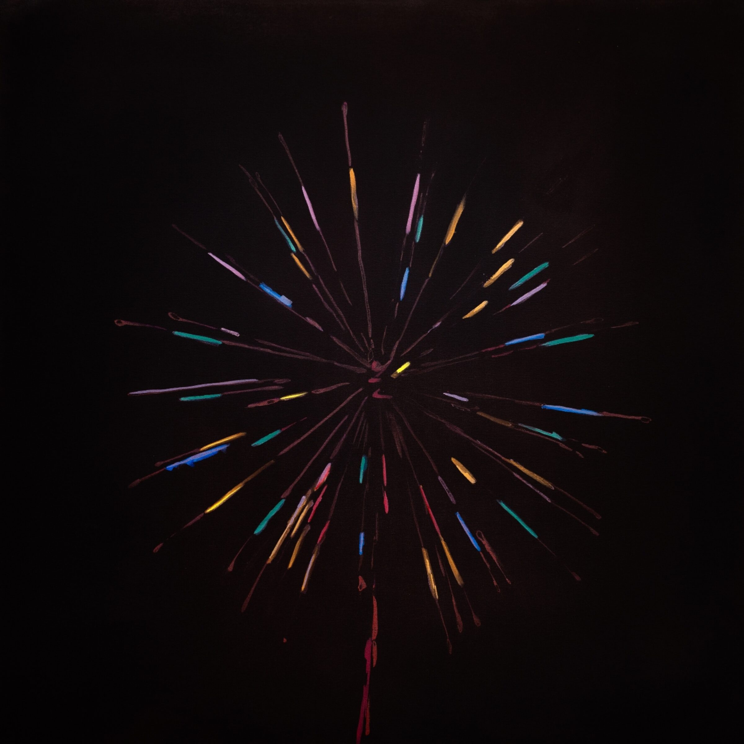 Radiating lines of vibrant neon colors—cyan, yellow, pink, blue, and orange—burst outward from a central point against a deep black background, creating a dynamic starburst or firework effect.
