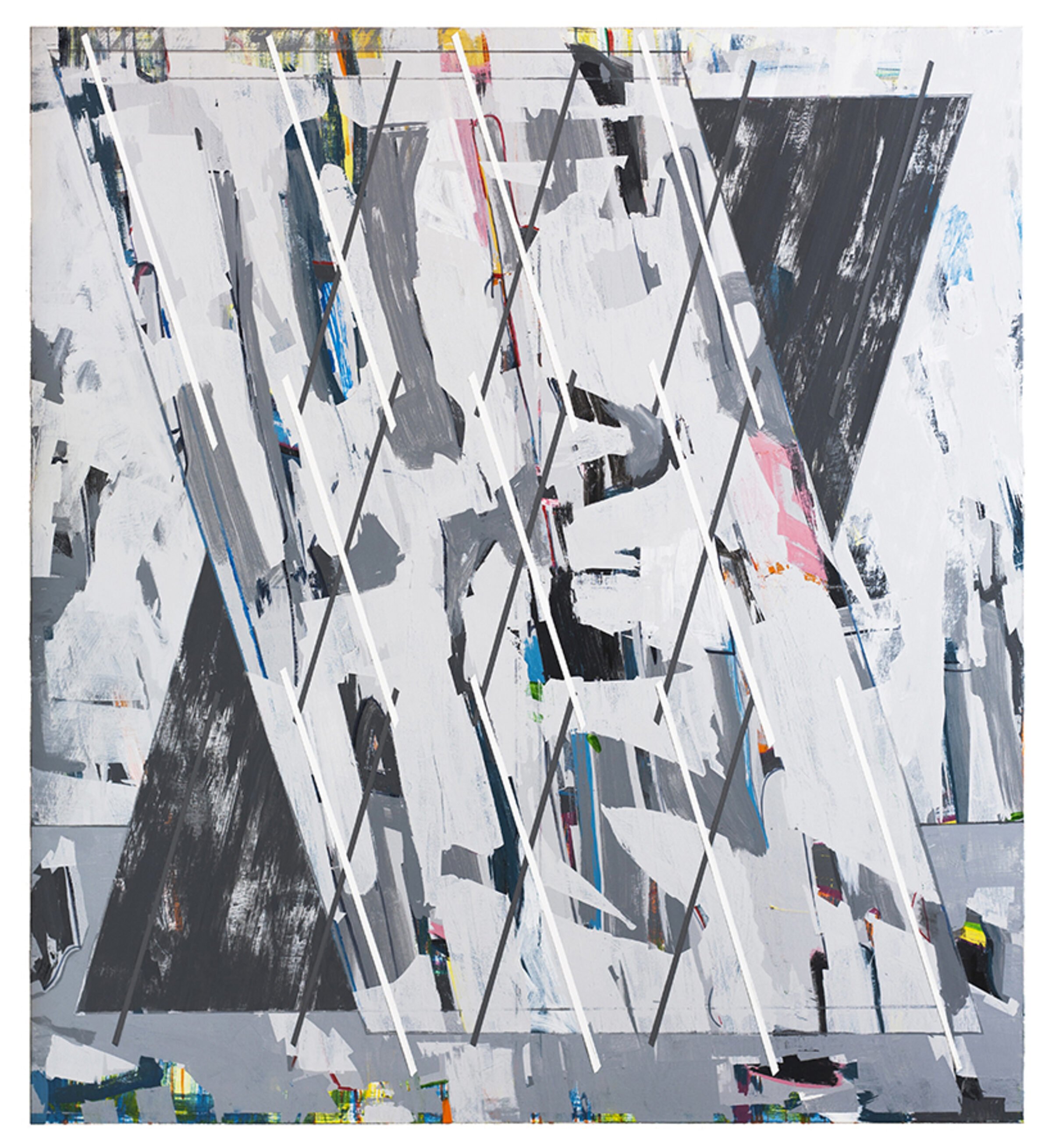 Abstract composition featuring intersecting white lines and geometric shapes layered over a predominantly white and gray ground, with bold dark charcoal and black brushstrokes creating depth and movement. Scattered accents of color—blue, pink, yellow, and green—punctuate the composition throughout.