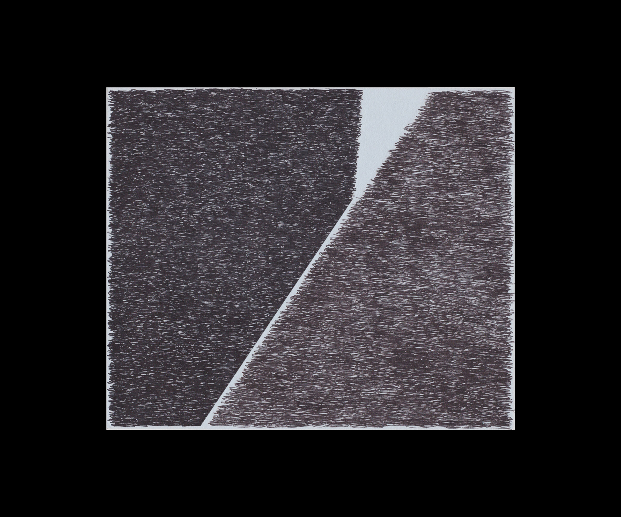 Abstract composition featuring two dark textured planes separated by a diagonal white line, with a light gray sky visible at the top. The work employs dense, linear marks creating a tactile, cross-hatched surface across the composition.