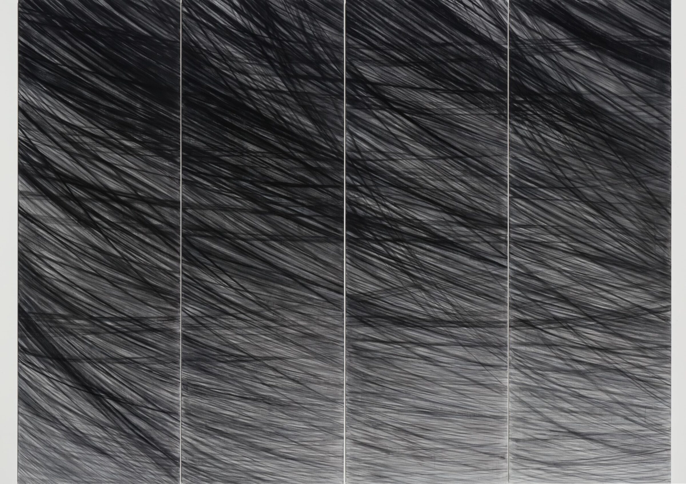 Four vertical panels with gestural black and gray acrylic brushstrokes creating a sense of dynamic motion and wind-like movement across the surface, transitioning from darker tones on the left to lighter grays on the right.