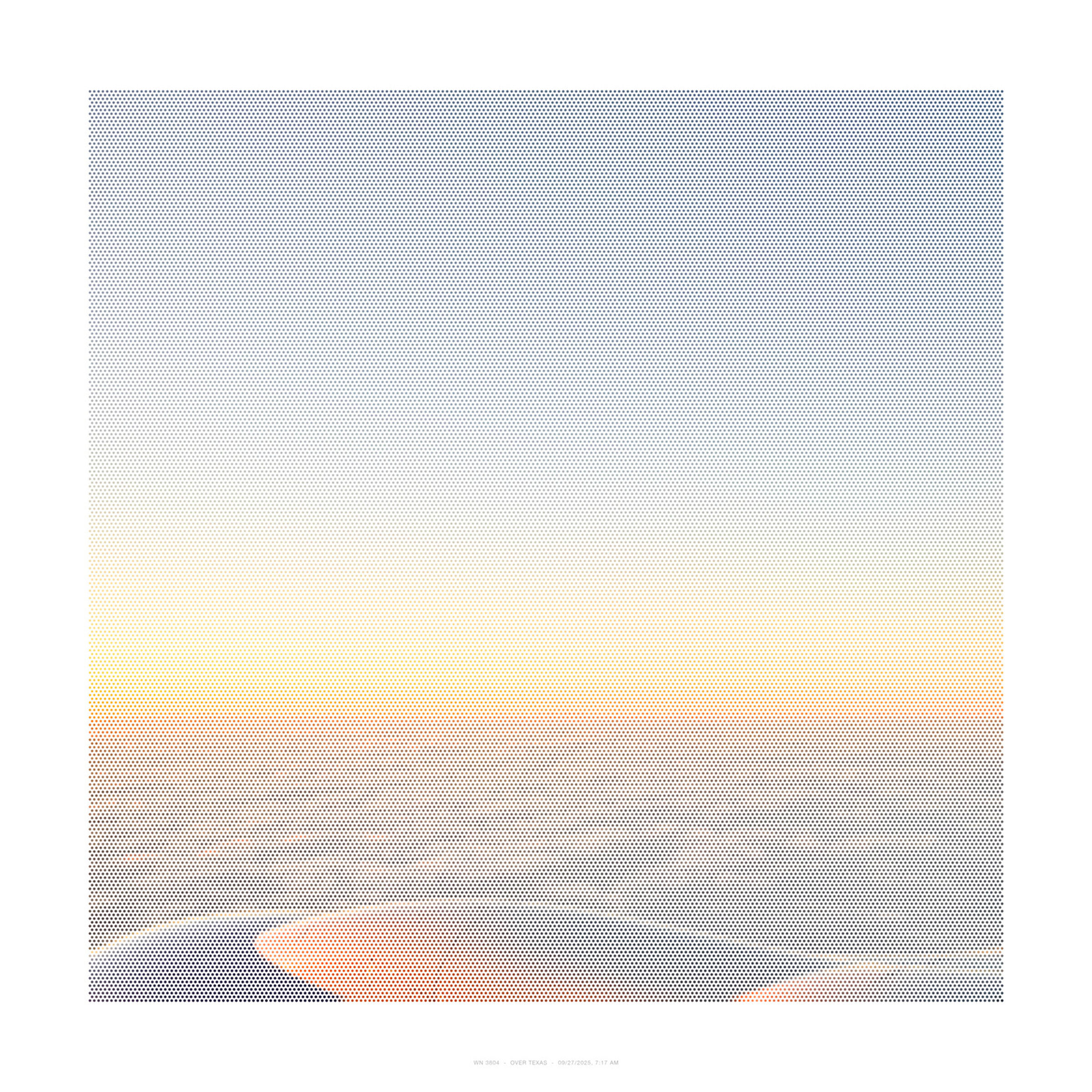 A large-scale abstract composition featuring a gradient dot pattern that transitions from cool blue-gray tones at the top through pale yellow in the center to warm peachy-orange and dusty rose hues toward the bottom, creating a subtle atmospheric effect across the square format.