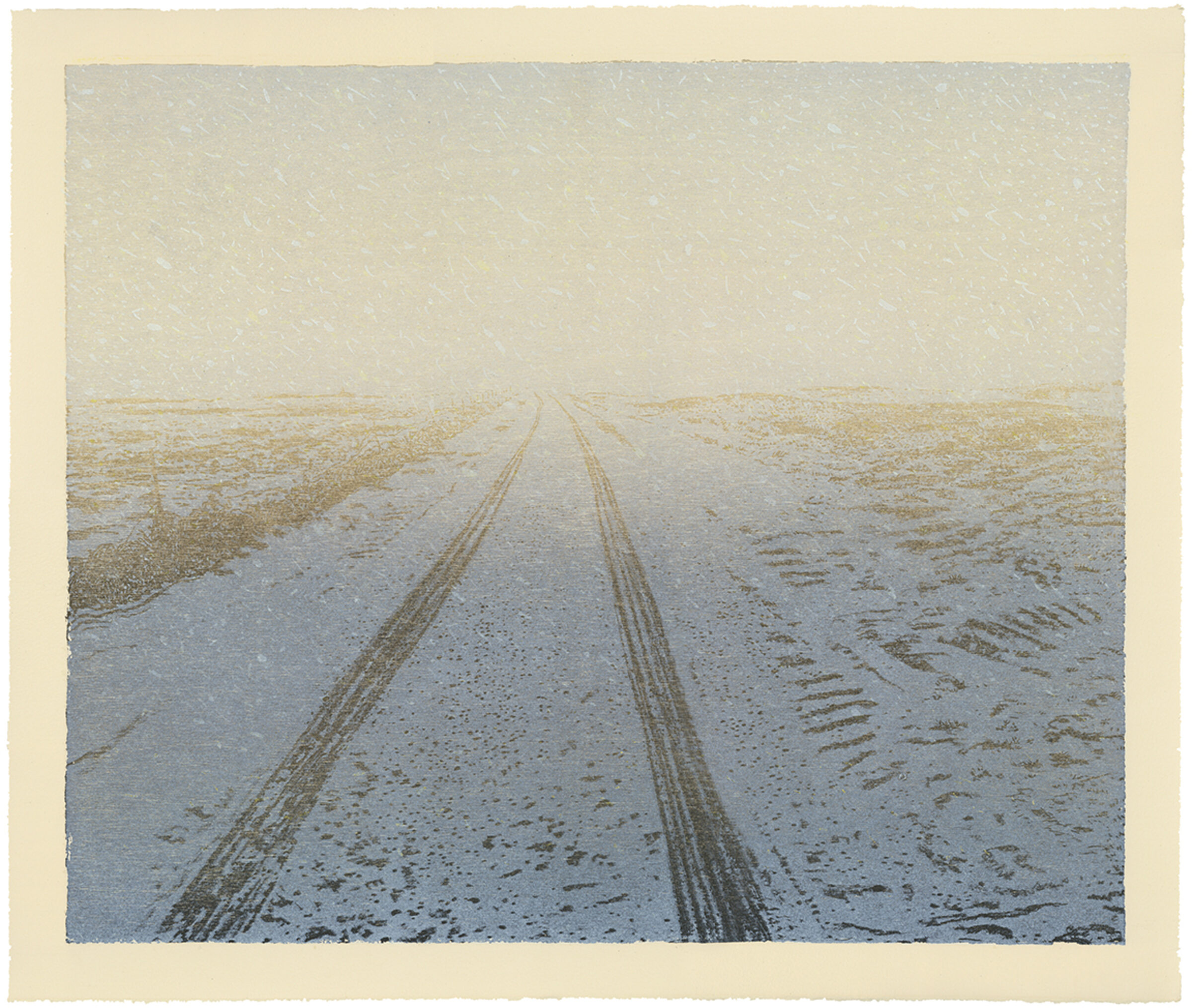 A straight road with double yellow lines stretches toward the horizon across a flat, snow-covered landscape under a pale, overcast sky. The composition uses muted tones of white, gray, and tan to create a stark, minimalist perspective emphasizing the road's vanishing point.