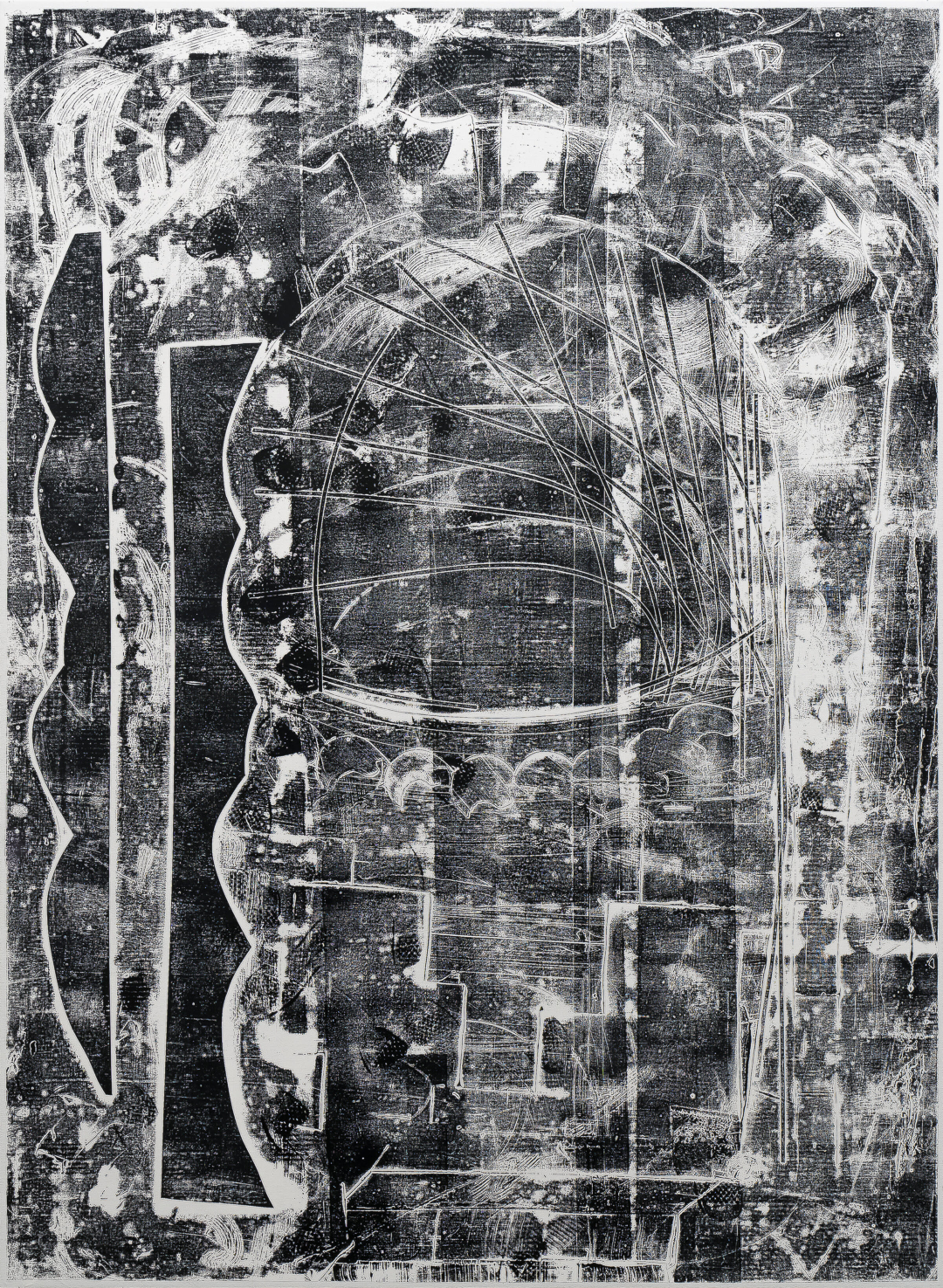 Abstract black and white composition featuring gestural curved lines and organic forms layered over a textured, heavily marked surface with areas of weathered white and dark tones creating depth and movement throughout.