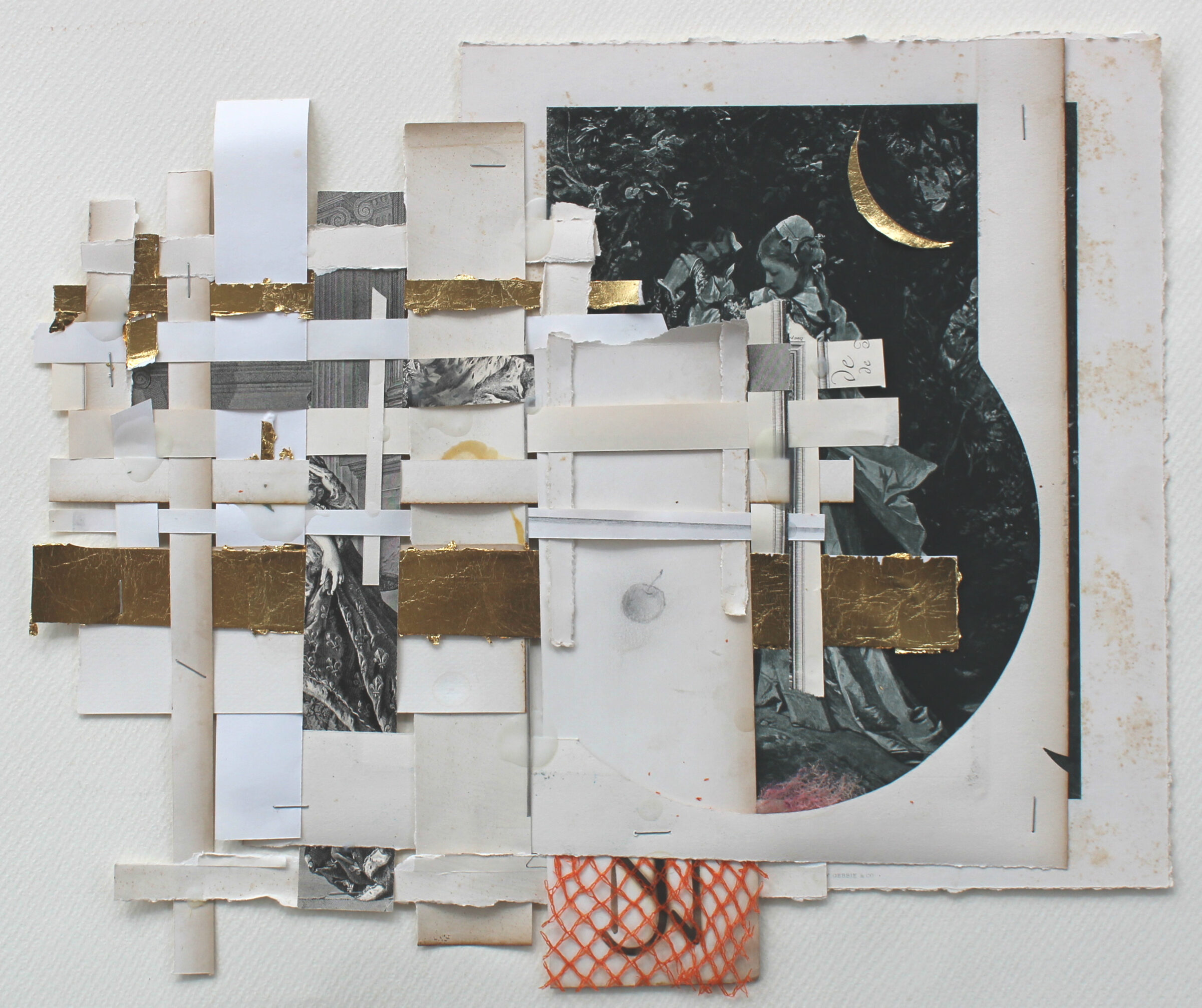 A layered mixed-media collage on paper features overlapping white and cream-colored rectangular fragments arranged across a central dark image depicting botanical and figurative elements. Gold leaf accents and strips of patterned fabric, including orange geometric print, interrupt the composition, while a crescent moon and foliage are visible within the obscured photograph beneath.