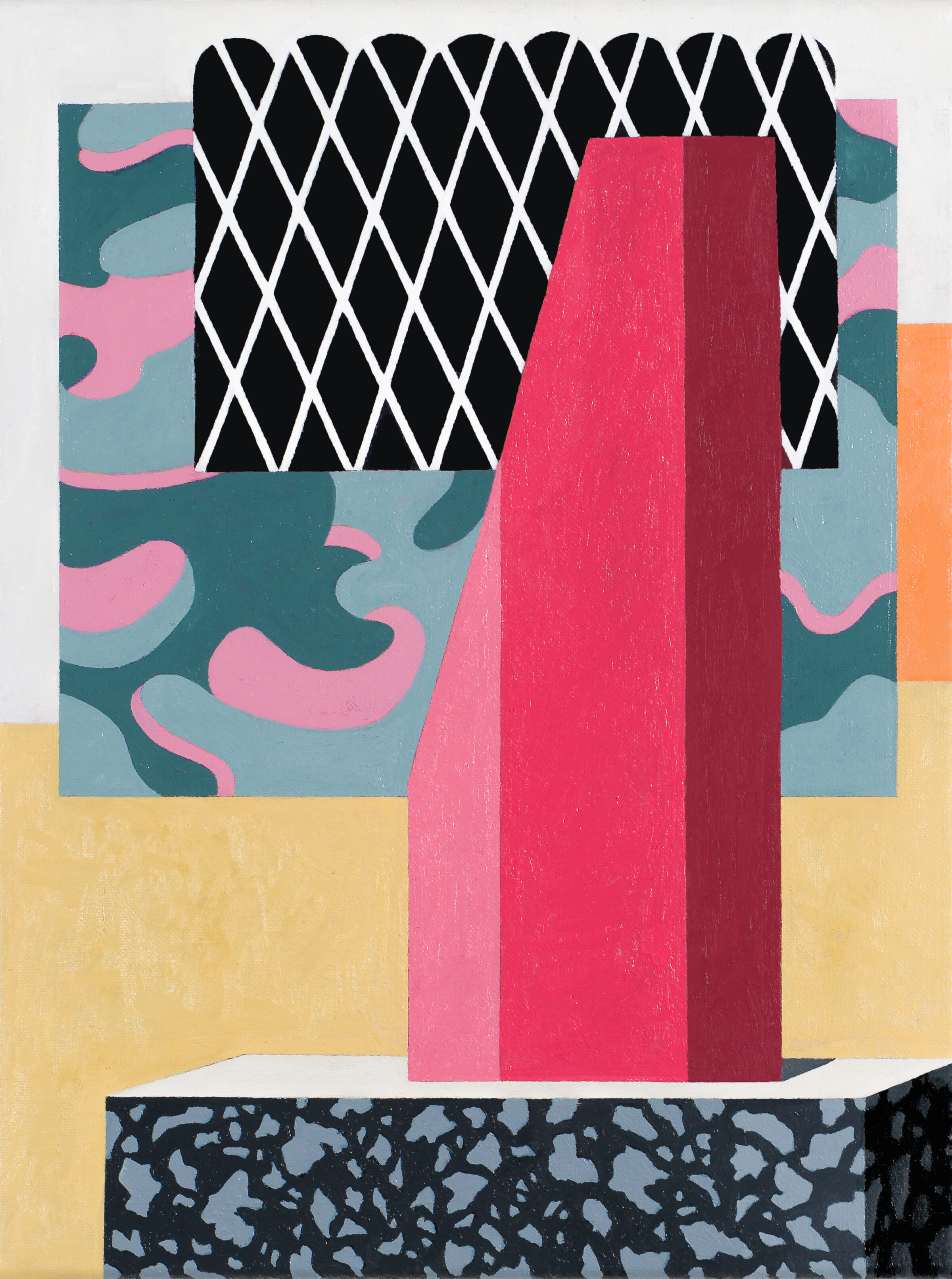 Abstract composition featuring a geometric arrangement of layered rectangular forms in shades of pink and red at center, set against a patterned background of teal, light blue, and pink organic shapes. Black diamond lattice pattern frames the upper portion, while a textured dark base grounds the lower section, with accents of yellow and orange on the sides.