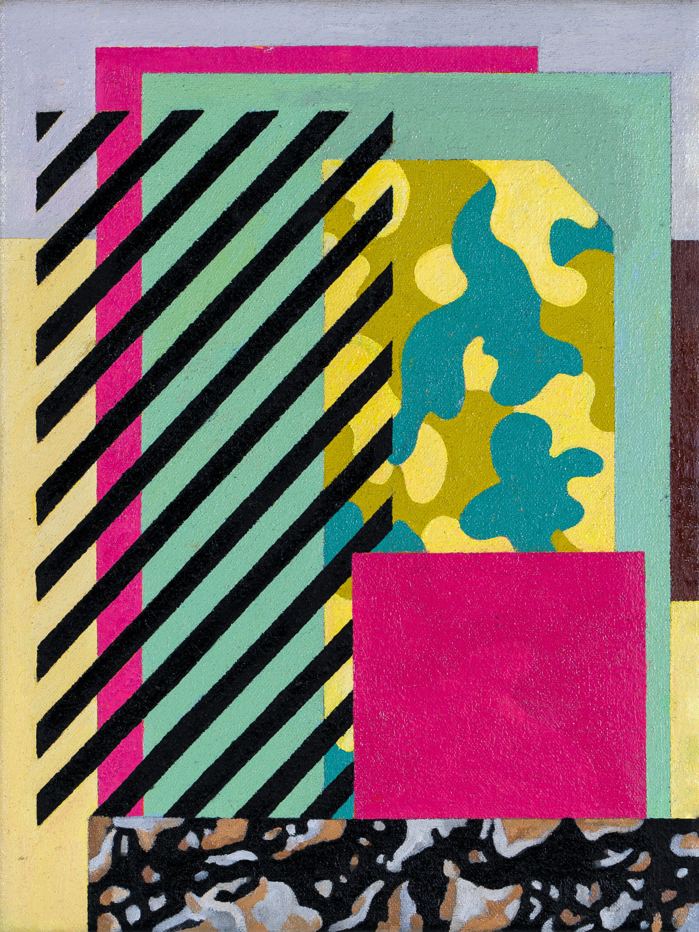 A vibrant abstract composition featuring layered geometric shapes and patterns in magenta, mint green, yellow, and teal. Black diagonal stripes sweep across the upper portion, while a stylized organic form with curved shapes in yellow and teal occupies the center-right. A solid magenta rectangle anchors the lower right, and a textured abstract pattern in brown and black appears at the bottom edge. The work demonstrates bold color blocking and overlapping compositional elements characteristic of contemporary geometric abstraction.