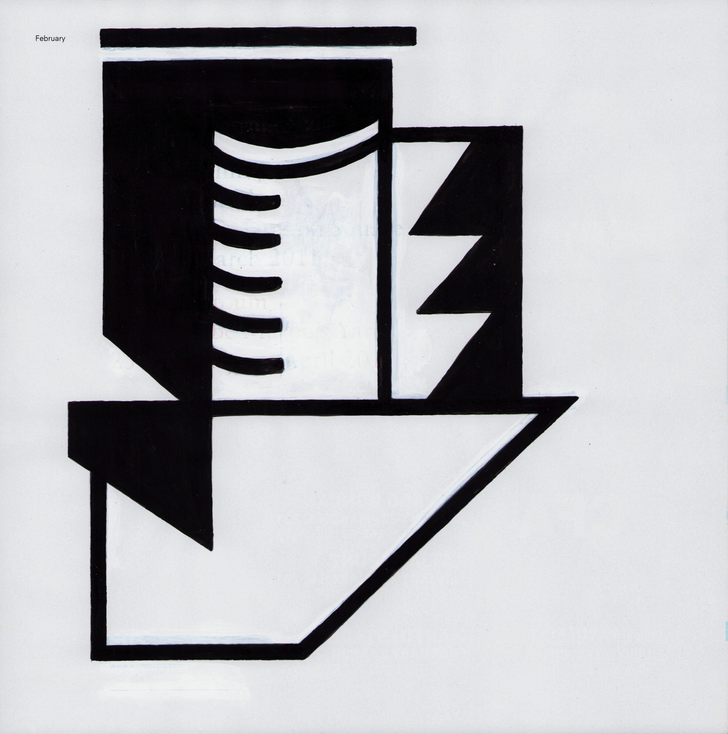 Bold geometric composition in black and white featuring a stylized open book with spiral binding at center, flanked by angular zigzag forms, all contained within layered rectangular and pentagonal shapes. Text reading "February" appears in the upper left corner.