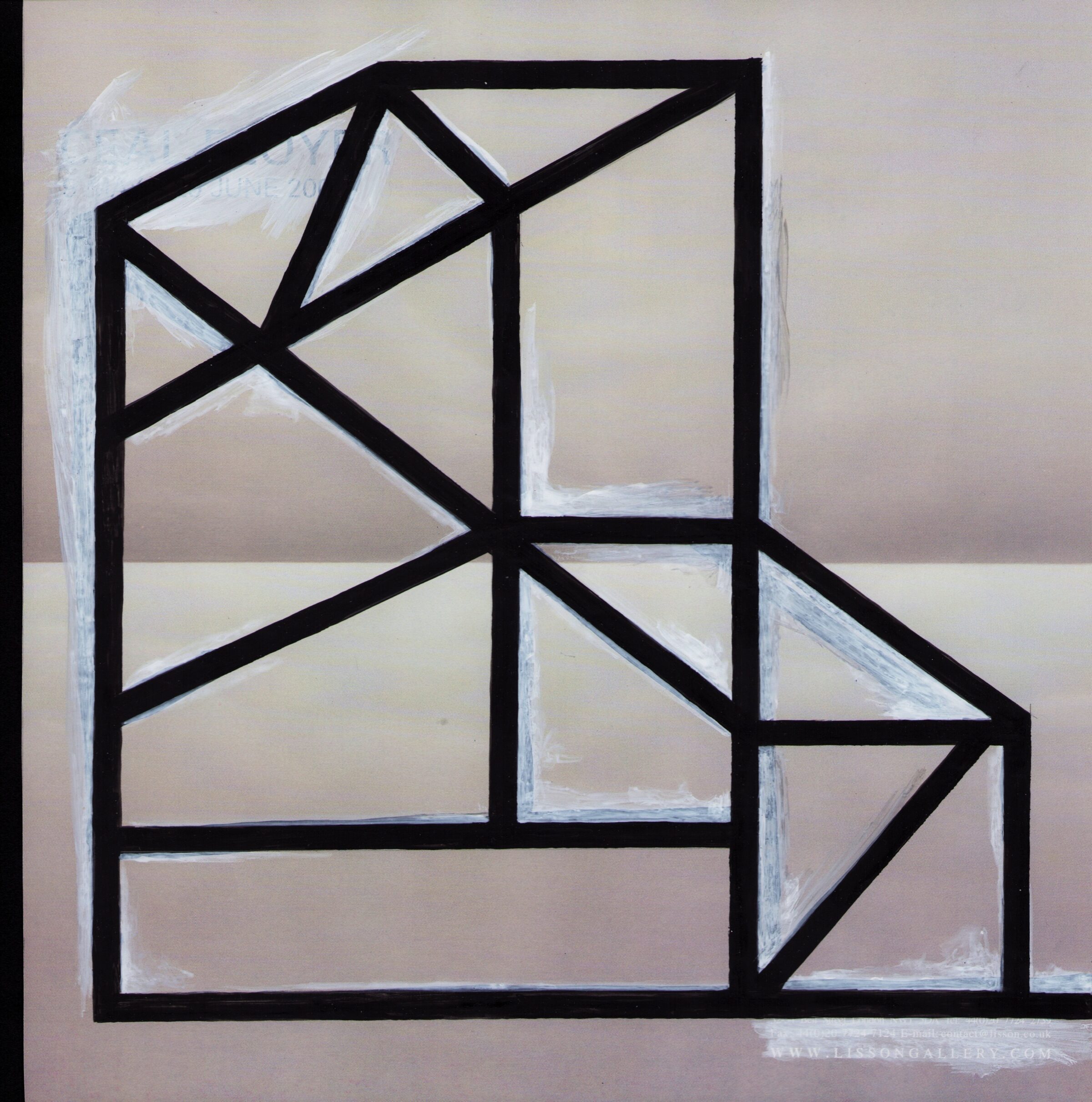 Abstract geometric composition featuring a bold black grid structure with diagonal lines dividing rectangular sections, painted over a muted beige and gray background with visible white brushstrokes creating a layered, textured effect.
