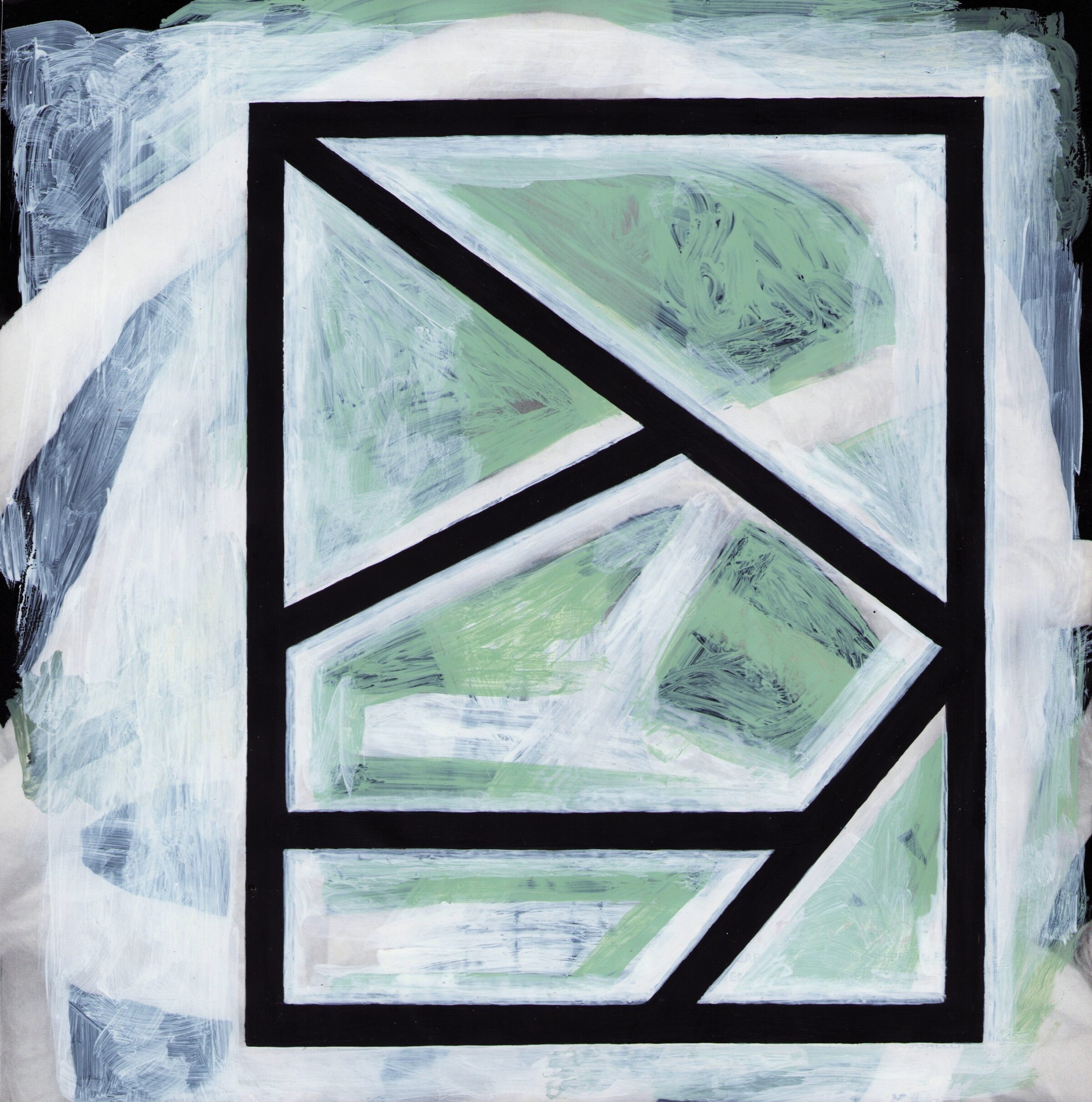 Abstract composition featuring geometric shapes divided by bold black lines against a white background. Green and blue brushstrokes create textured, gestural marks within angular sections, layered over what appears to be printed magazine pages visible beneath the acrylic paint.