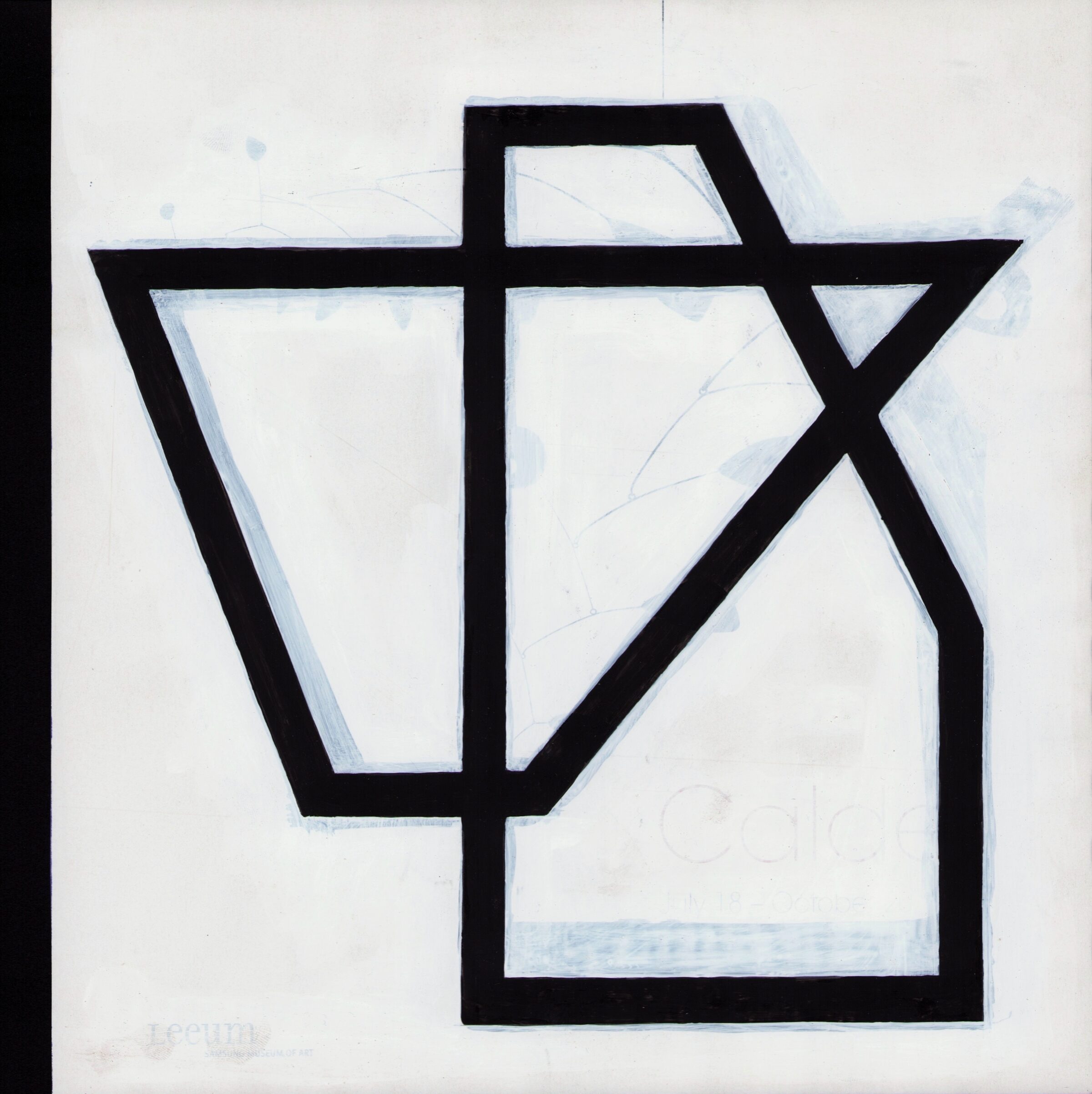 Bold black geometric lines form an abstract vessel or container shape against a light background composed of printed magazine pages. The composition features angular, intersecting planes creating a three-dimensional effect, with white and pale blue tones visible within and around the outlined form.