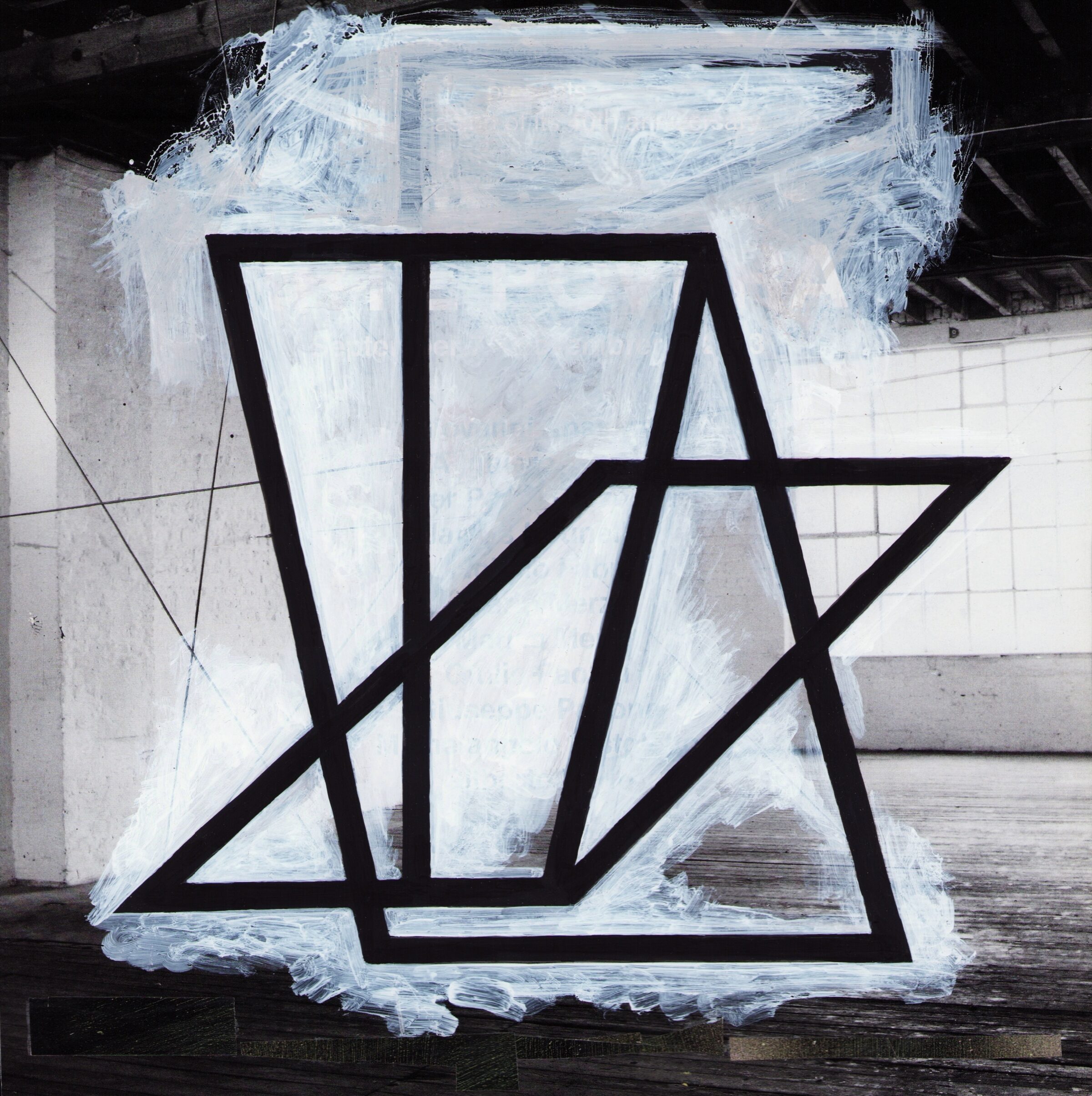 Abstract geometric composition featuring bold black lines forming angular, overlapping rectangular and triangular shapes against a white and light blue painted background. The white paint is applied with visible, gestural brushstrokes that create an energetic, layered effect across the surface.