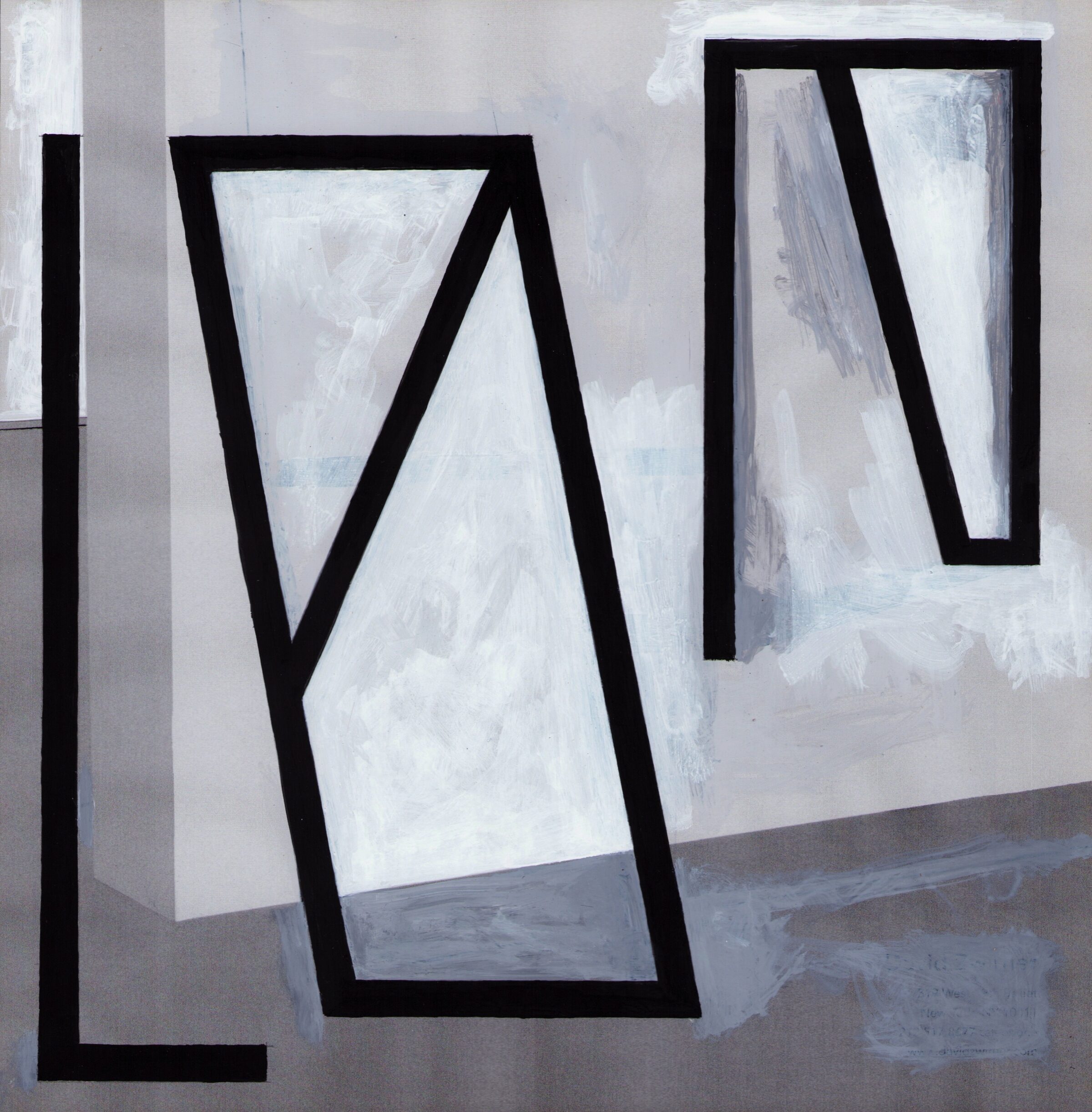 Abstract acrylic painting featuring bold black geometric frames and lines arranged in a receding spatial composition against layered white and gray brushstrokes, creating an illusion of depth and architectural planes.