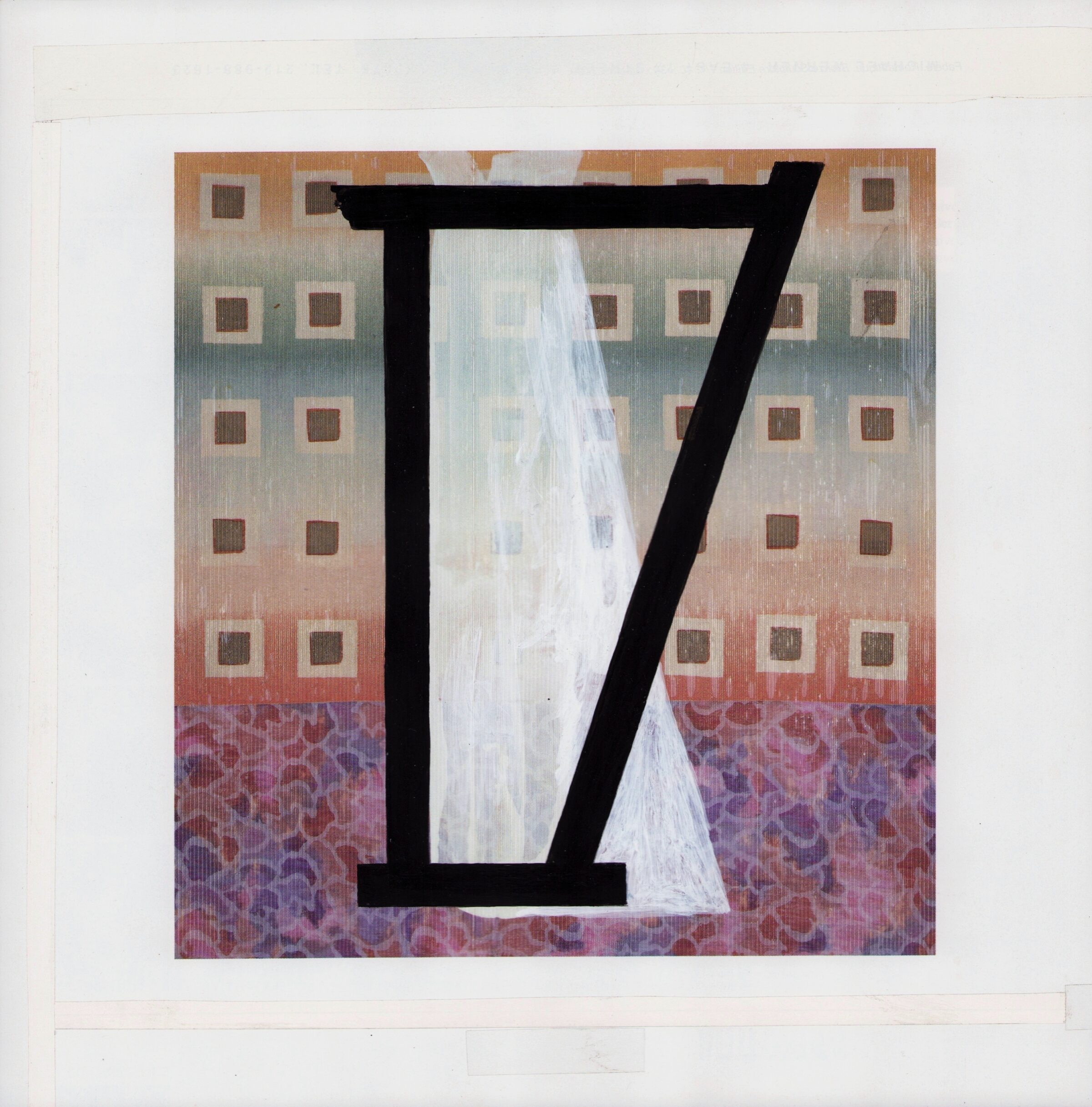 A large black letter "V" overlays a collaged composition featuring a photograph of a modernist apartment building with a grid of small square windows, positioned against a decorative patterned background in shades of pink, purple, and rust. The building image transitions from warm orange and beige tones at the top to cooler mauve and burgundy hues at the bottom.