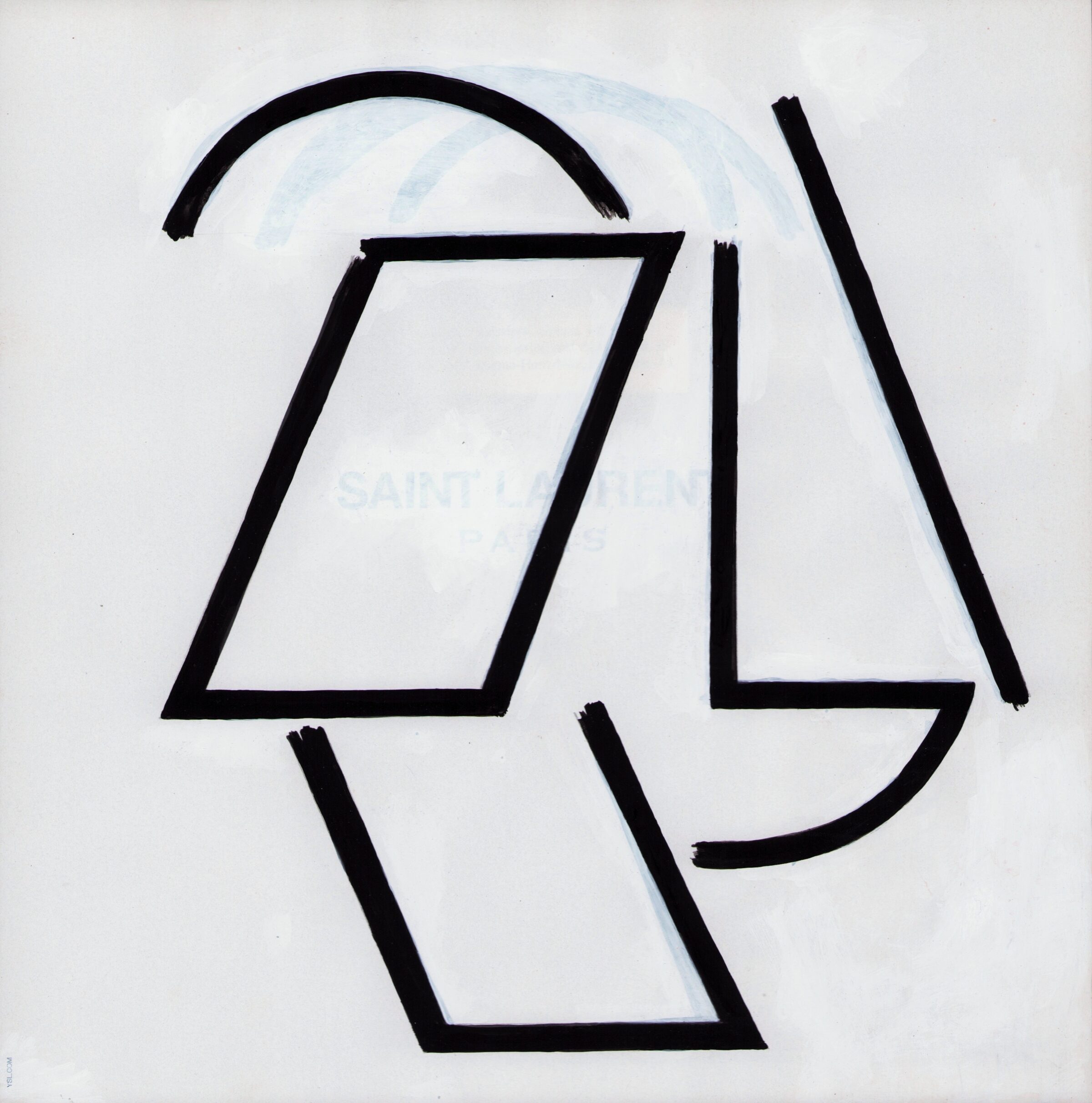 Abstract geometric composition in black ink on white paper featuring overlapping parallelograms and curved lines arranged vertically, with a light blue circular wash visible in the upper portion.