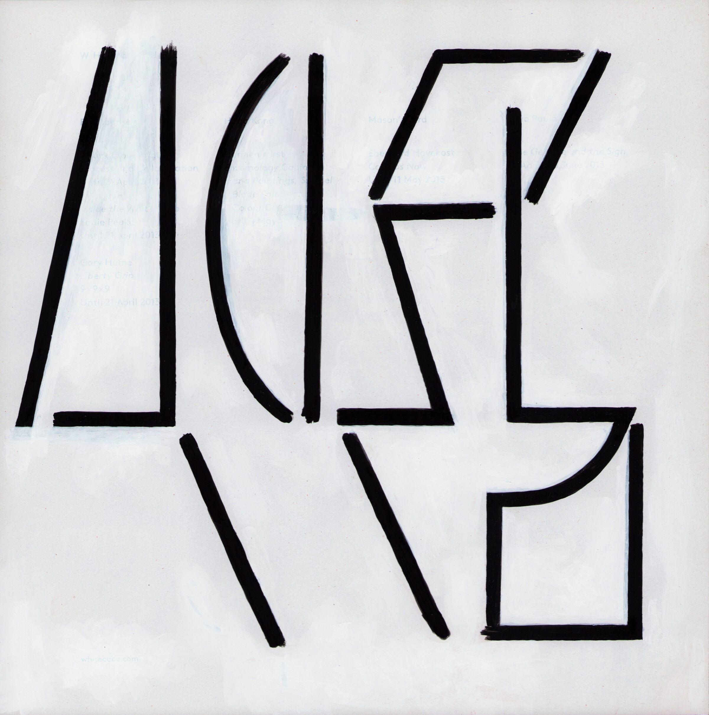 Black geometric lines and shapes drawn on white paper, forming an abstract composition with angular segments, curved elements, and rectangular forms arranged in a grid-like structure.