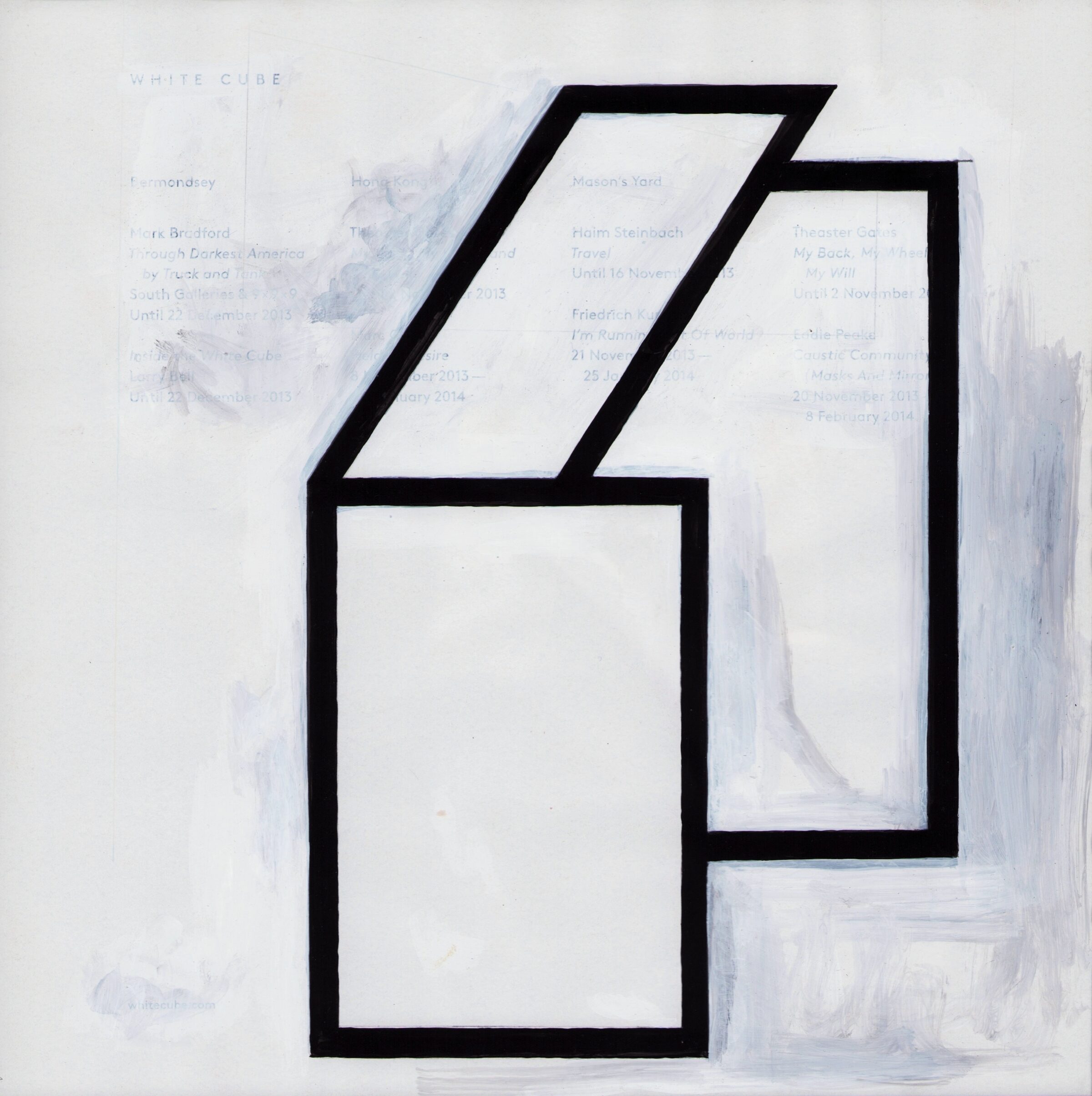 Abstract geometric composition featuring bold black outlined rectangular and parallelogram shapes arranged in an isometric configuration against a light, textured background layered with faint printed text and blue-gray brushstrokes.