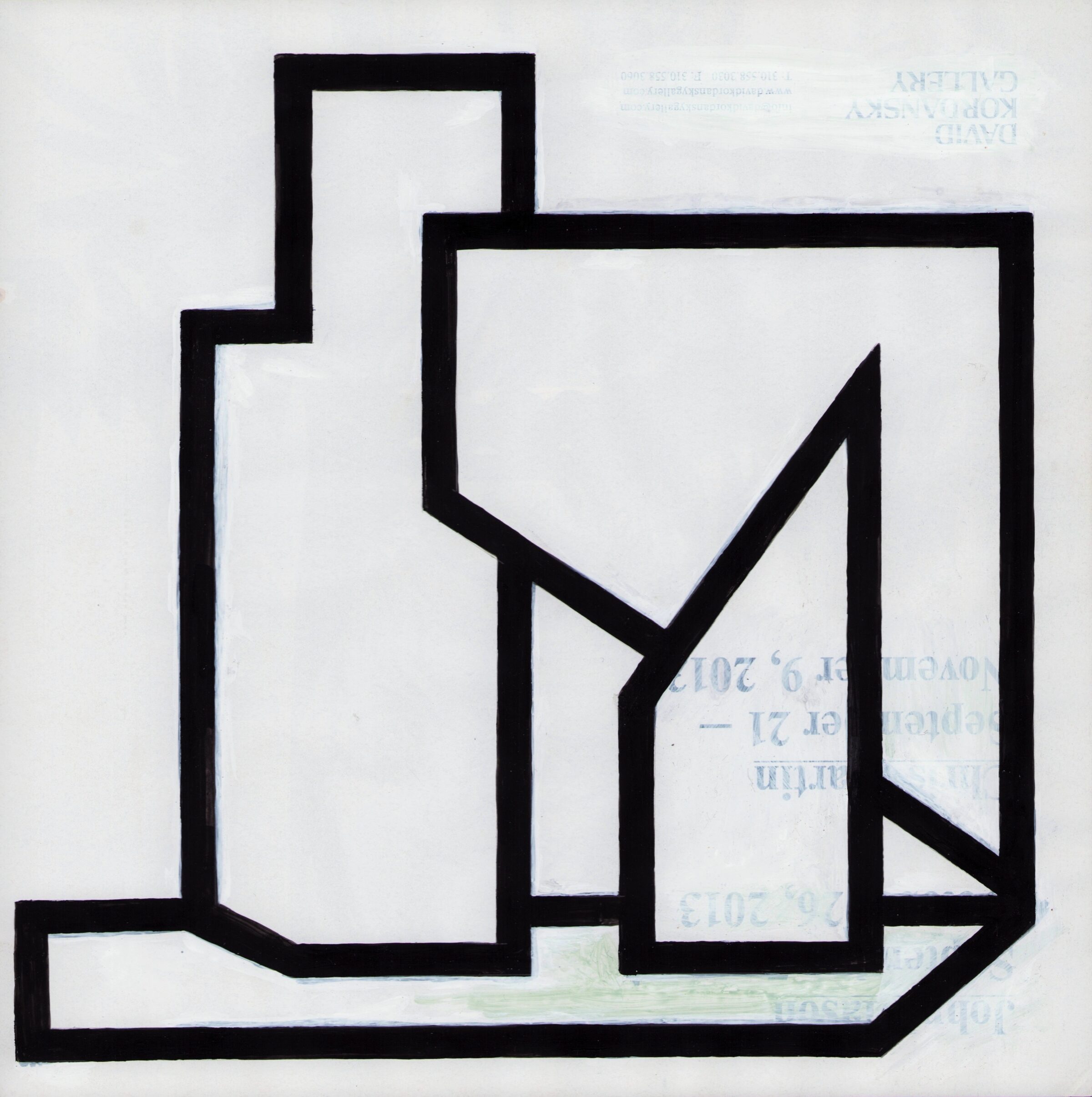Black line drawing of an isometric architectural floor plan or three-dimensional room structure overlaid on printed magazine pages with visible text and blue stamp marks. The geometric composition features angular walls and a diagonal checkmark or verification symbol drawn across the interior space.