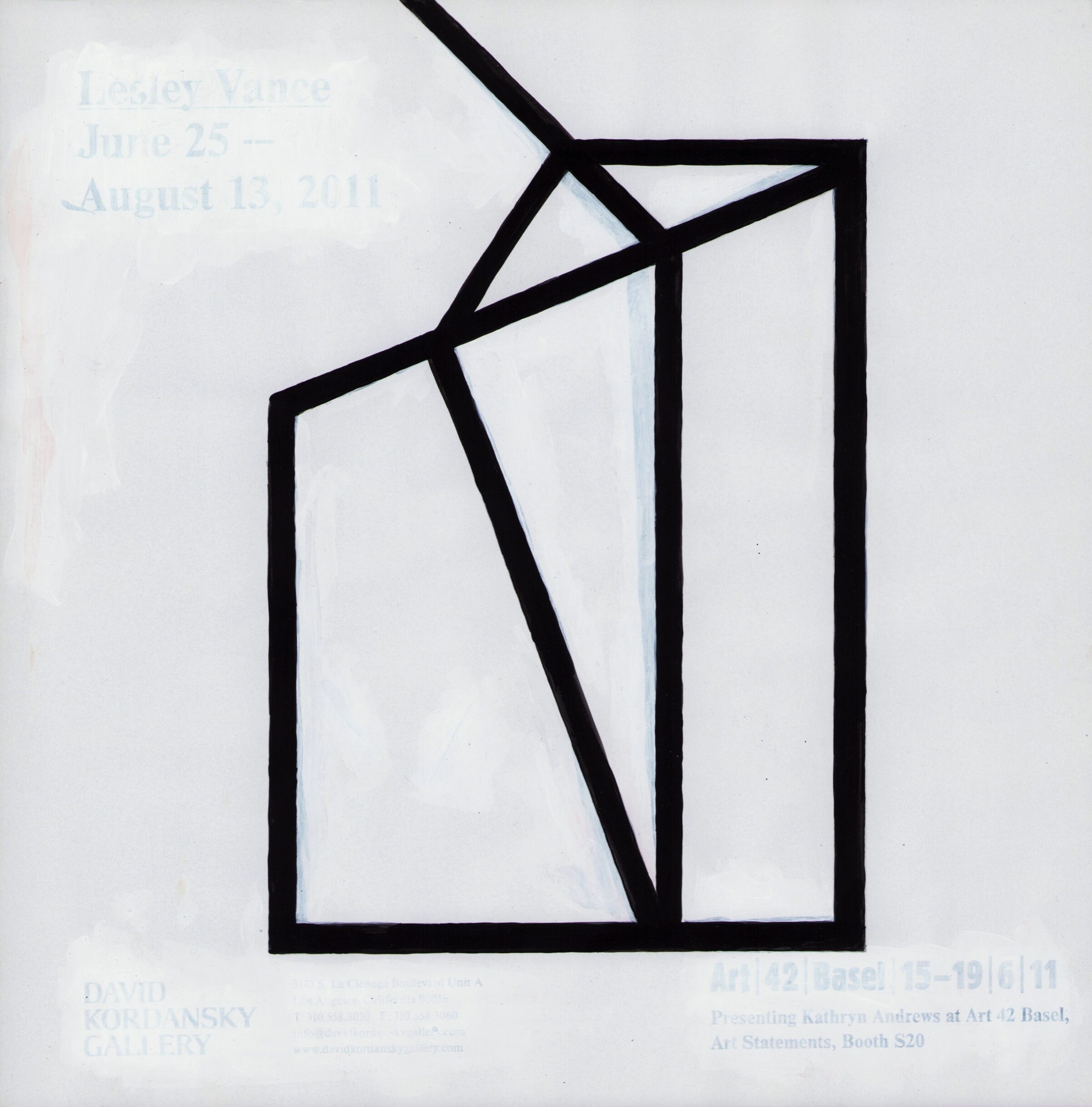 Black geometric lines form an abstract composition on a white background, creating interlocking rectangular shapes and diagonal divisions. The stark linear design contrasts sharply against faded text visible beneath, suggesting the work is layered on printed material.