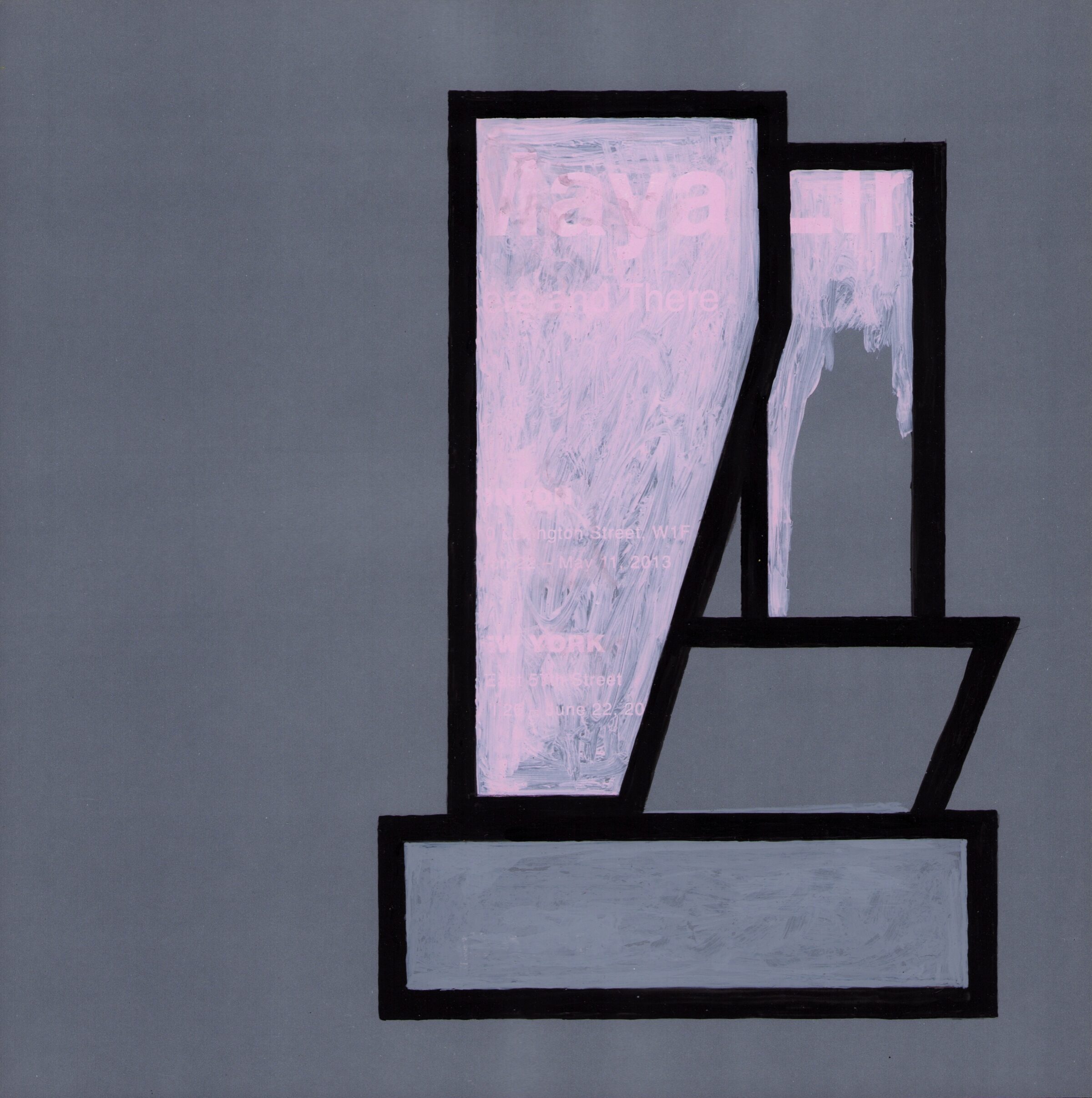 Abstract composition with bold black geometric outlines framing irregular shapes filled with soft pink and gray tones. Layered rectangular and angular forms create depth against a neutral gray background, with visible texture and brushwork throughout.